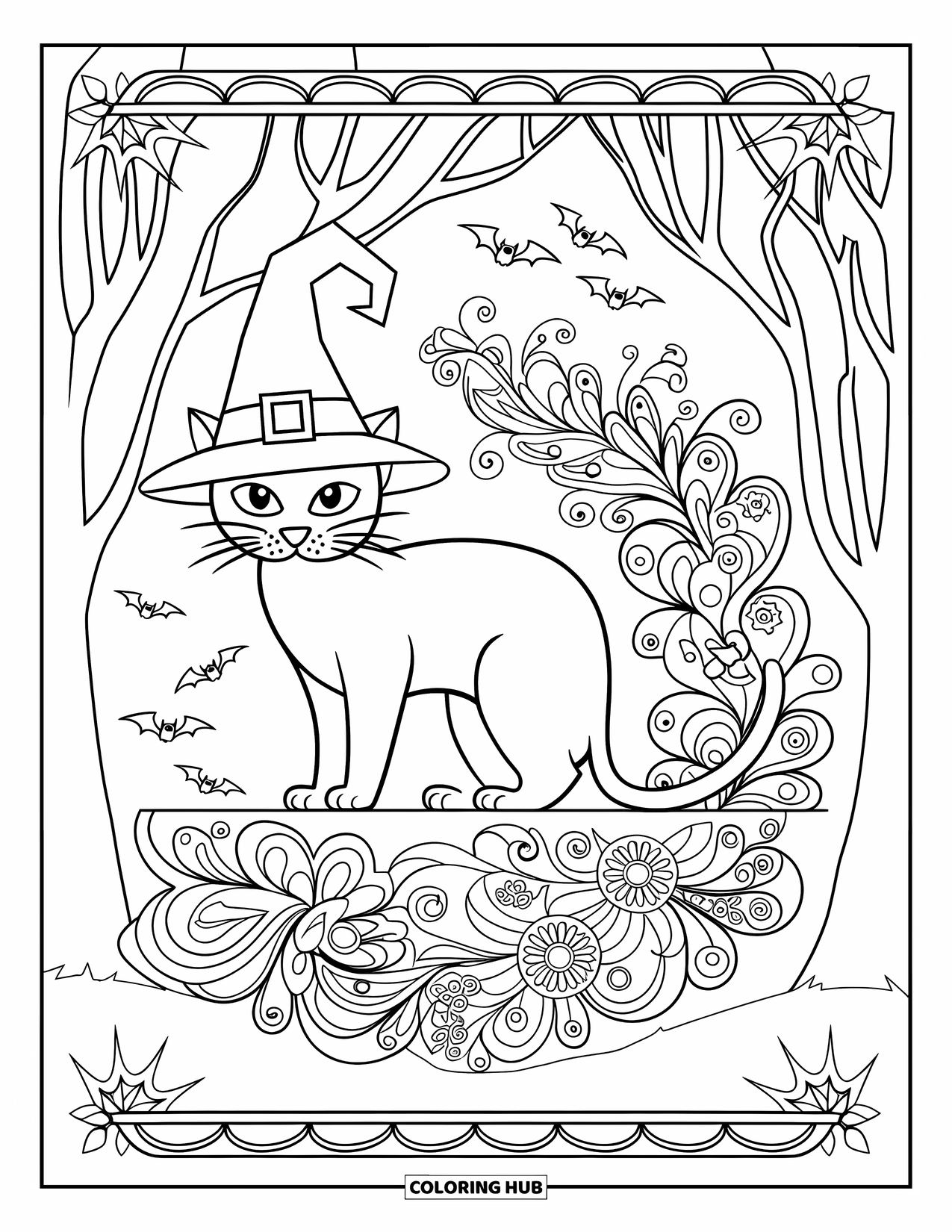 Halloween Cat Coloring Page for Adults: A Halloween cat with a hat is framed by forest trees and swirling mandala designs