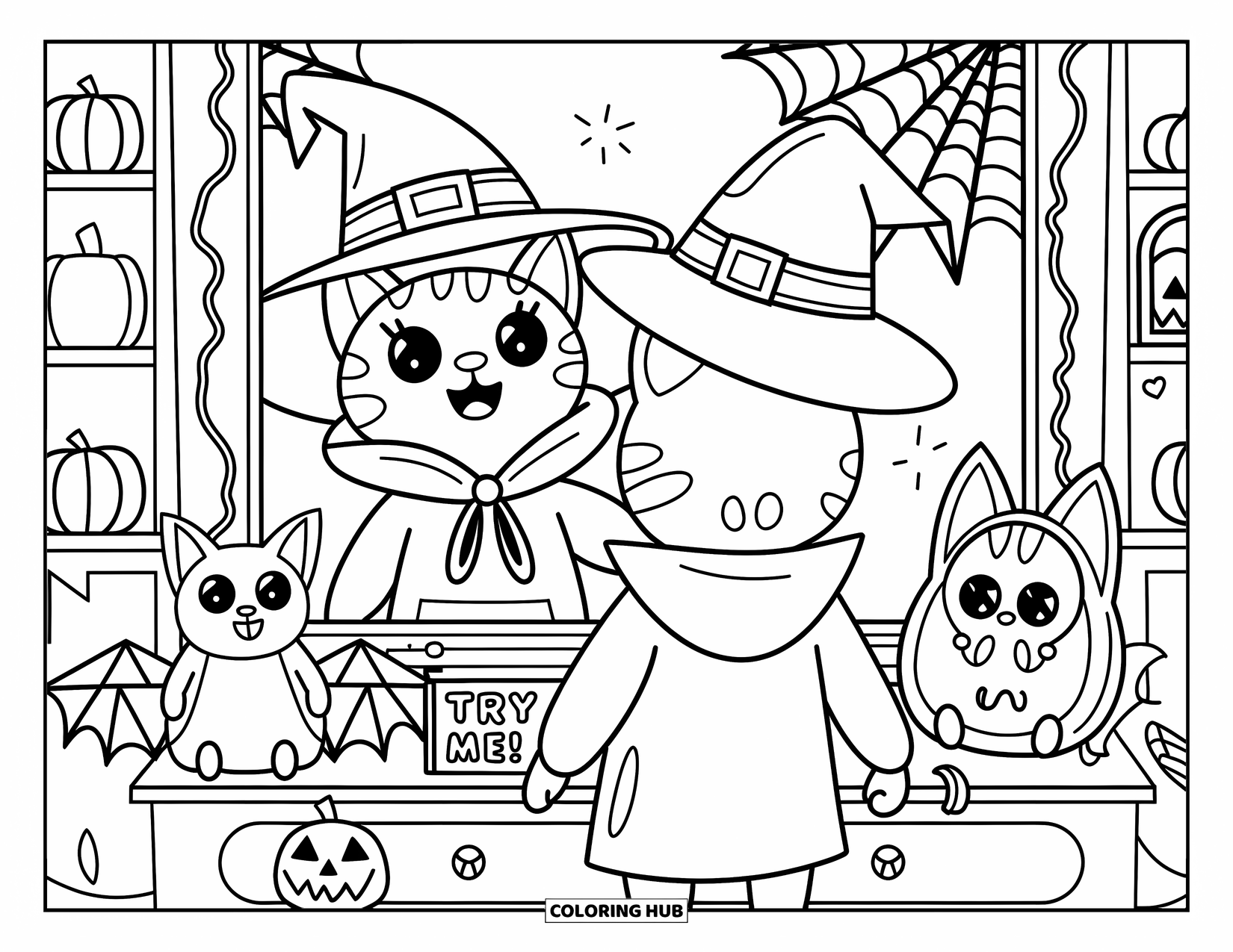 Halloween Cat Coloring Page for Adults: A happy cat explores Halloween hats in a tiny, cozy shop with plush bat decor