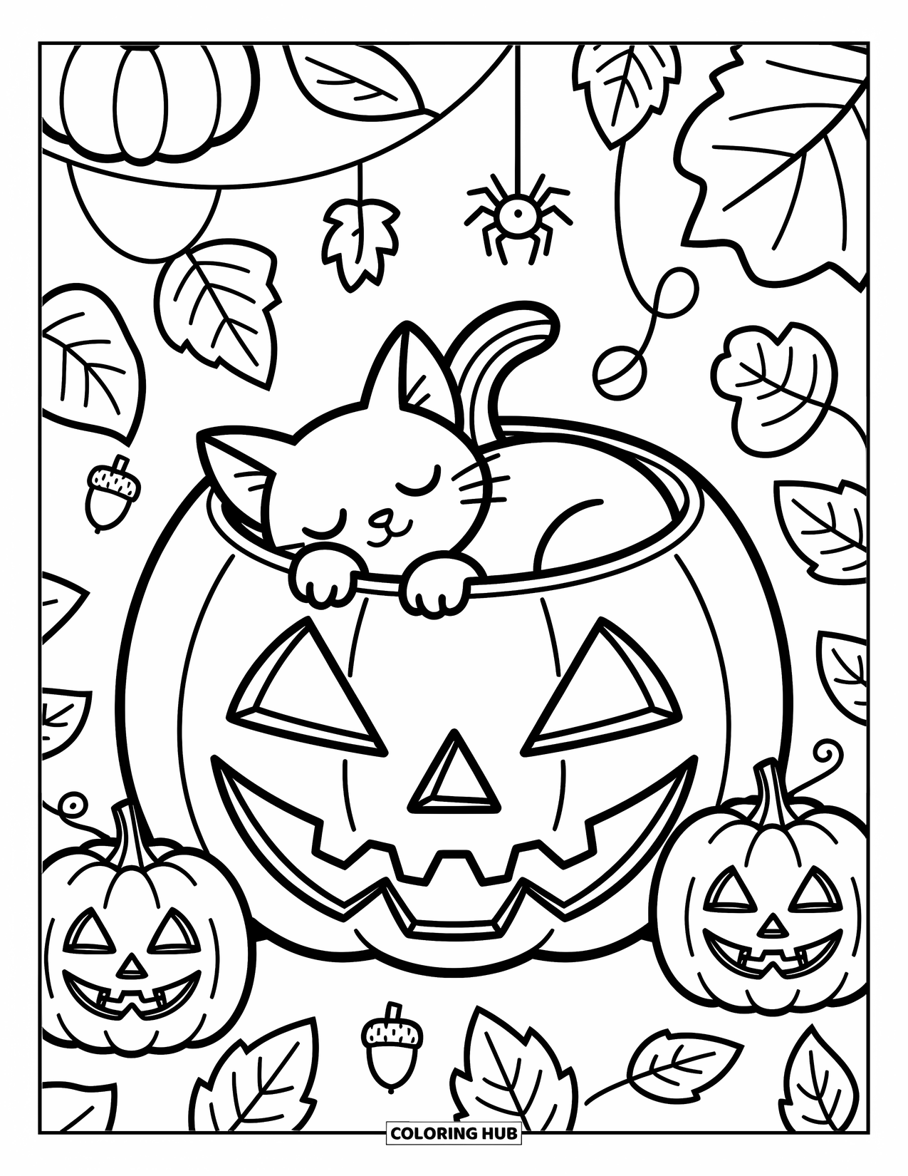 Halloween Cat Coloring Page for Adults: A kitten naps inside a pumpkin surrounded by tiny leaves, acorns, and smiling pumpkins