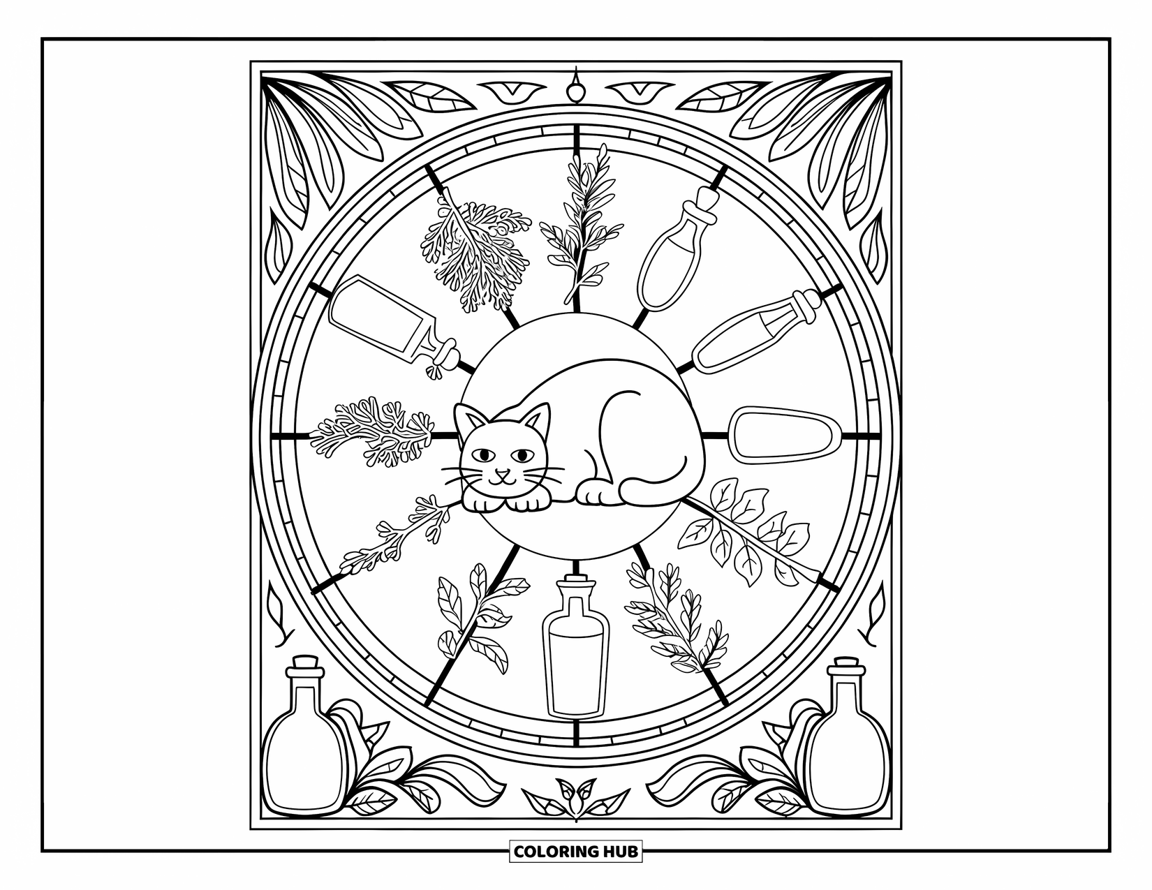 Halloween Cat Coloring Page for Adults: A relaxed cat naps in a herb-and-potion wheel with decorative borders