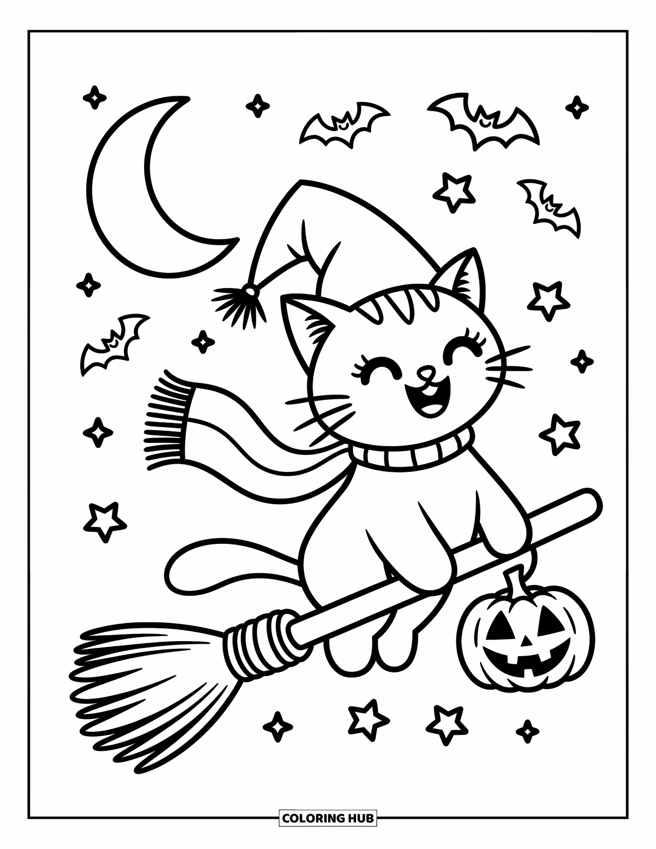Halloween Cat Coloring Page for Adults: A scarf-wearing cat flies joyfully through the sky with bats and a jack-o'-lantern