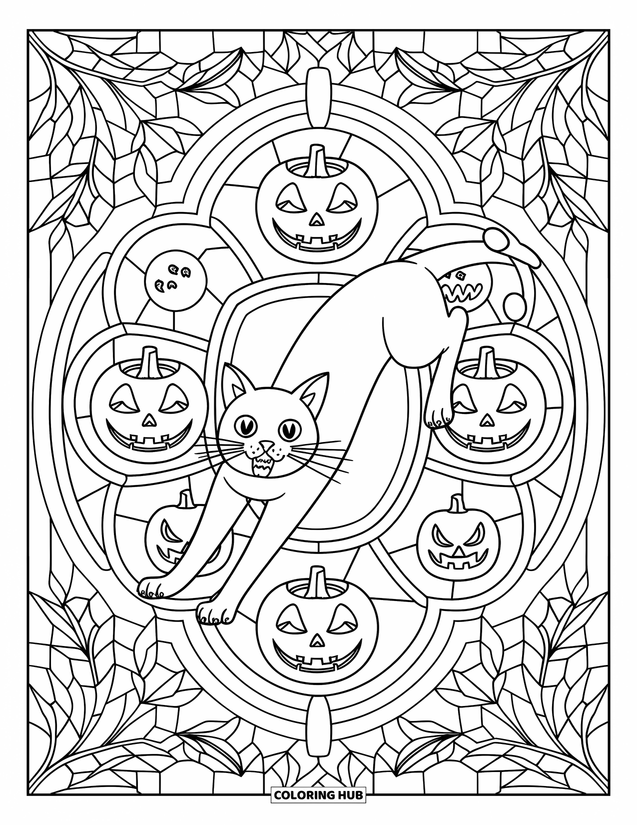 Halloween Cat Coloring Page for Adults: A stretching cat shows its teeth inside a stained glass window with leaves and pumpkins