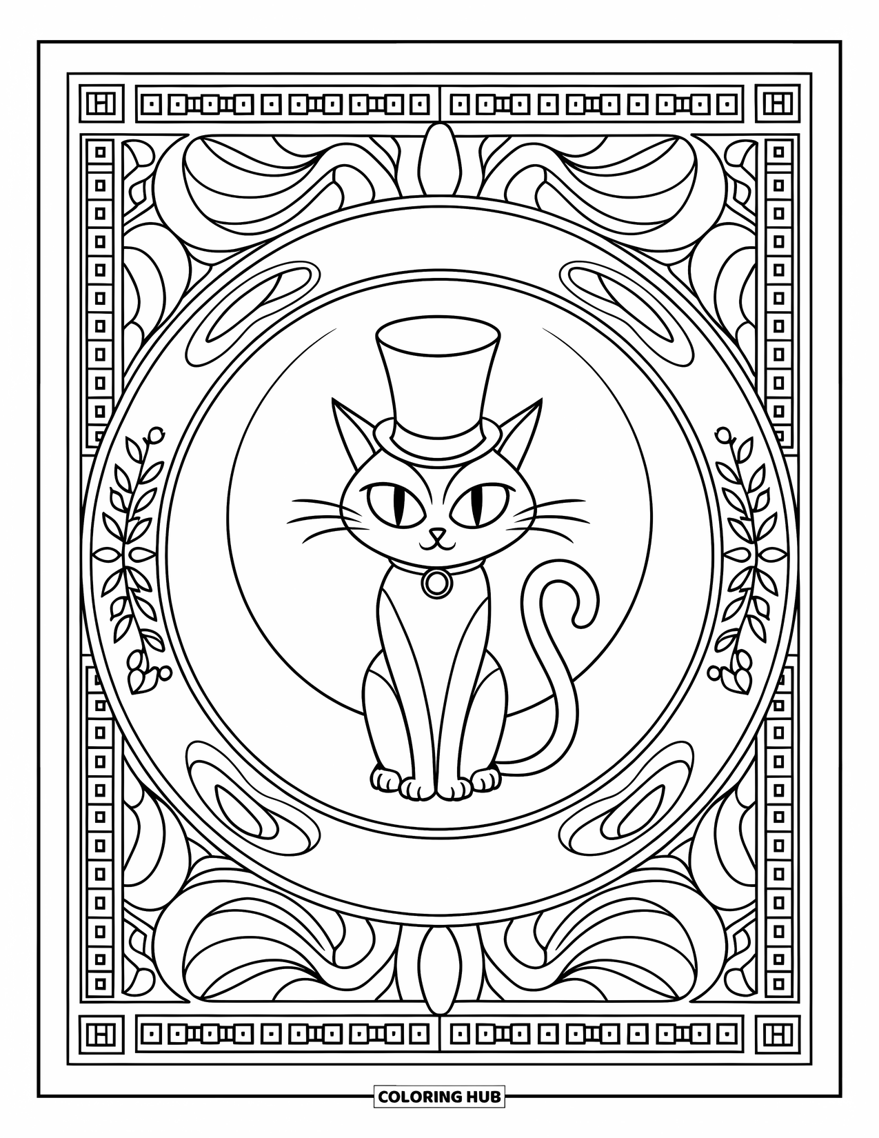 Halloween Cat Coloring Page for Adults: A top-hat cat sits in the center of detailed moons and climbing vine patterns
