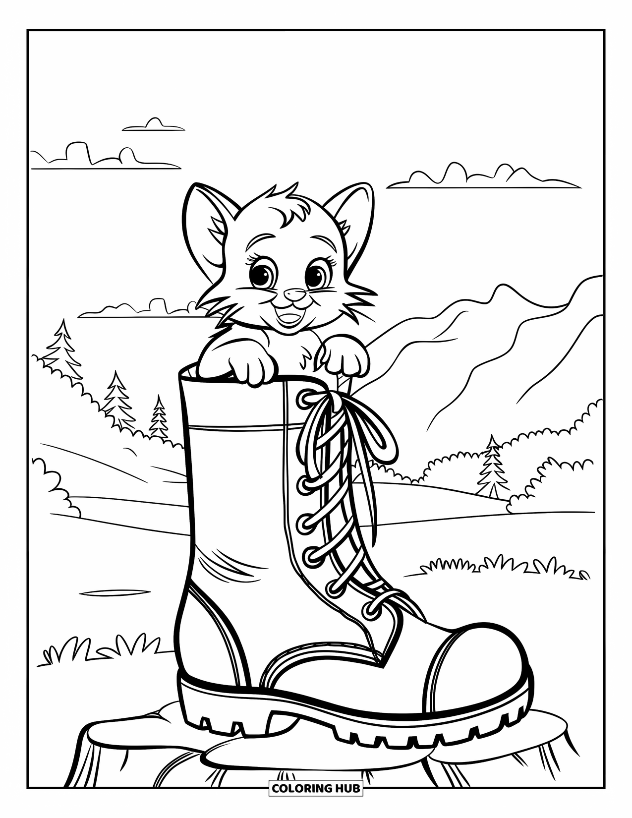 Halloween Cat Coloring Page for Kids: A baby cat pops out of a big witch boot in a peaceful mountain scene