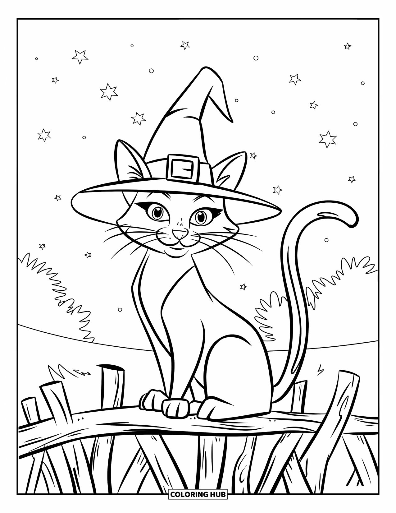Halloween Cat Coloring Page for Kids: A black cat with orange ears sits on a twisted fence beneath a starry sky