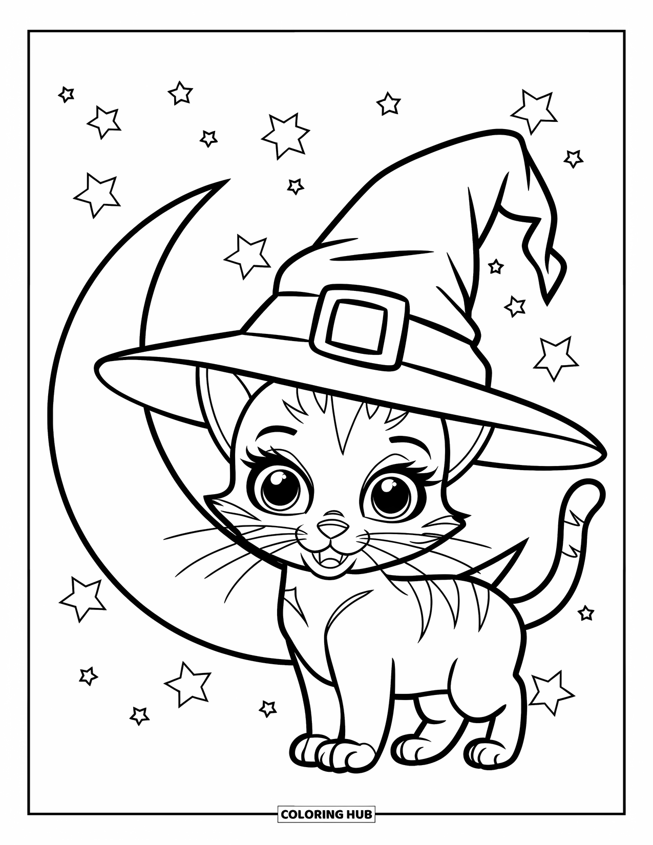 Halloween Cat Coloring Page for Kids: A bright-eyed cat in a witch hat stands beside a crescent moon in the night sky