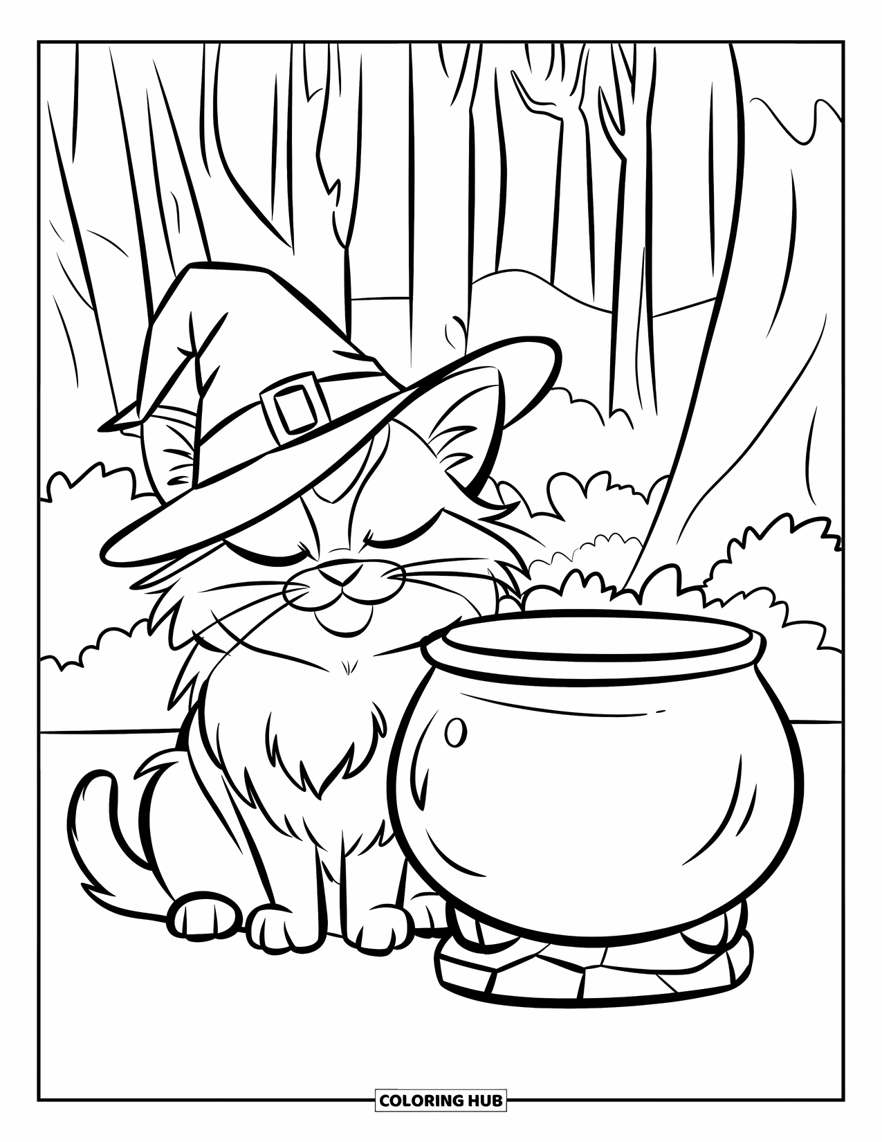 Halloween Cat Coloring Page for Kids: A calm cat with paws tucked sits by a stone cauldron in the forest