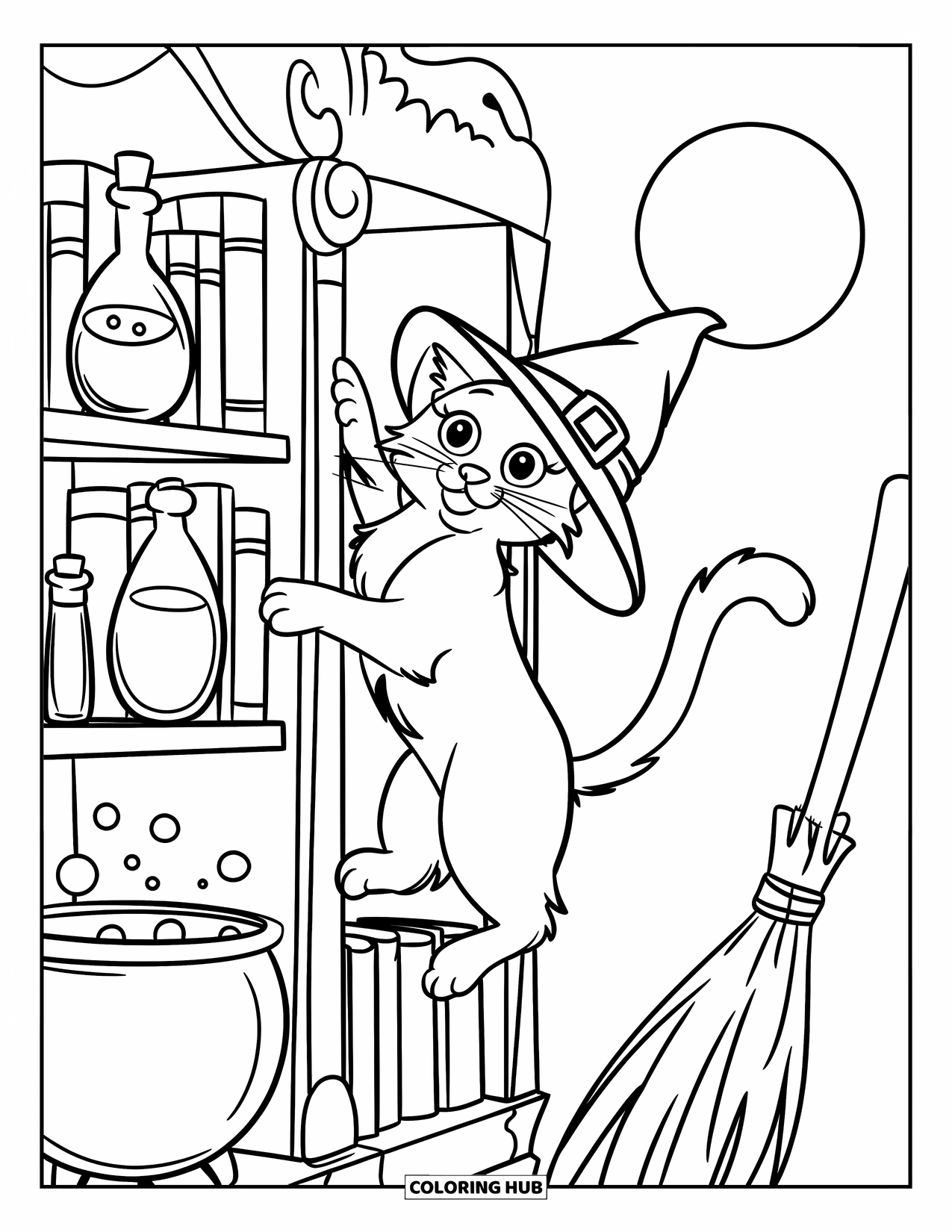 Halloween Cat Coloring Page for Kids: A cat in a witch hat climbs a potion shelf under a dark night sky