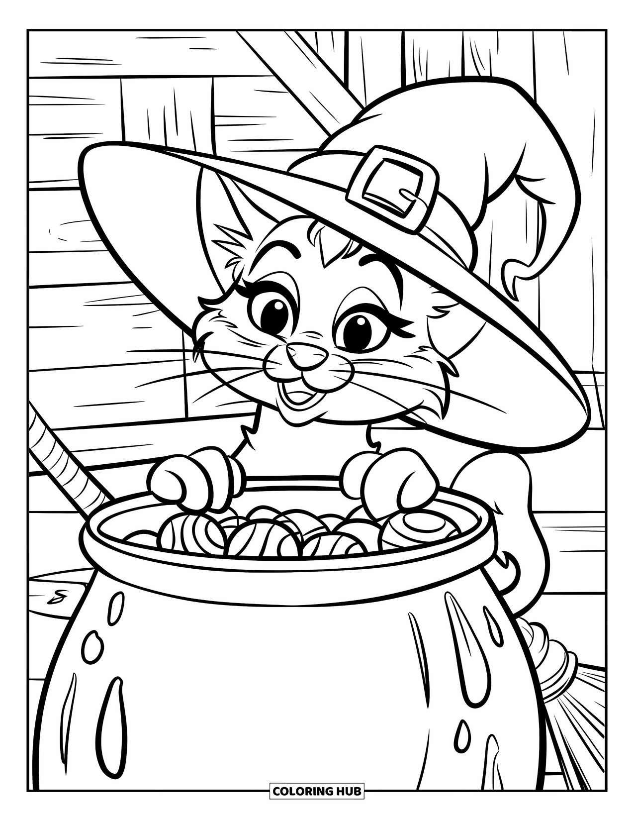 Halloween Cat Coloring Page for Kids: A cat in a witch hat on a broomstick looks into a candy-filled cauldron