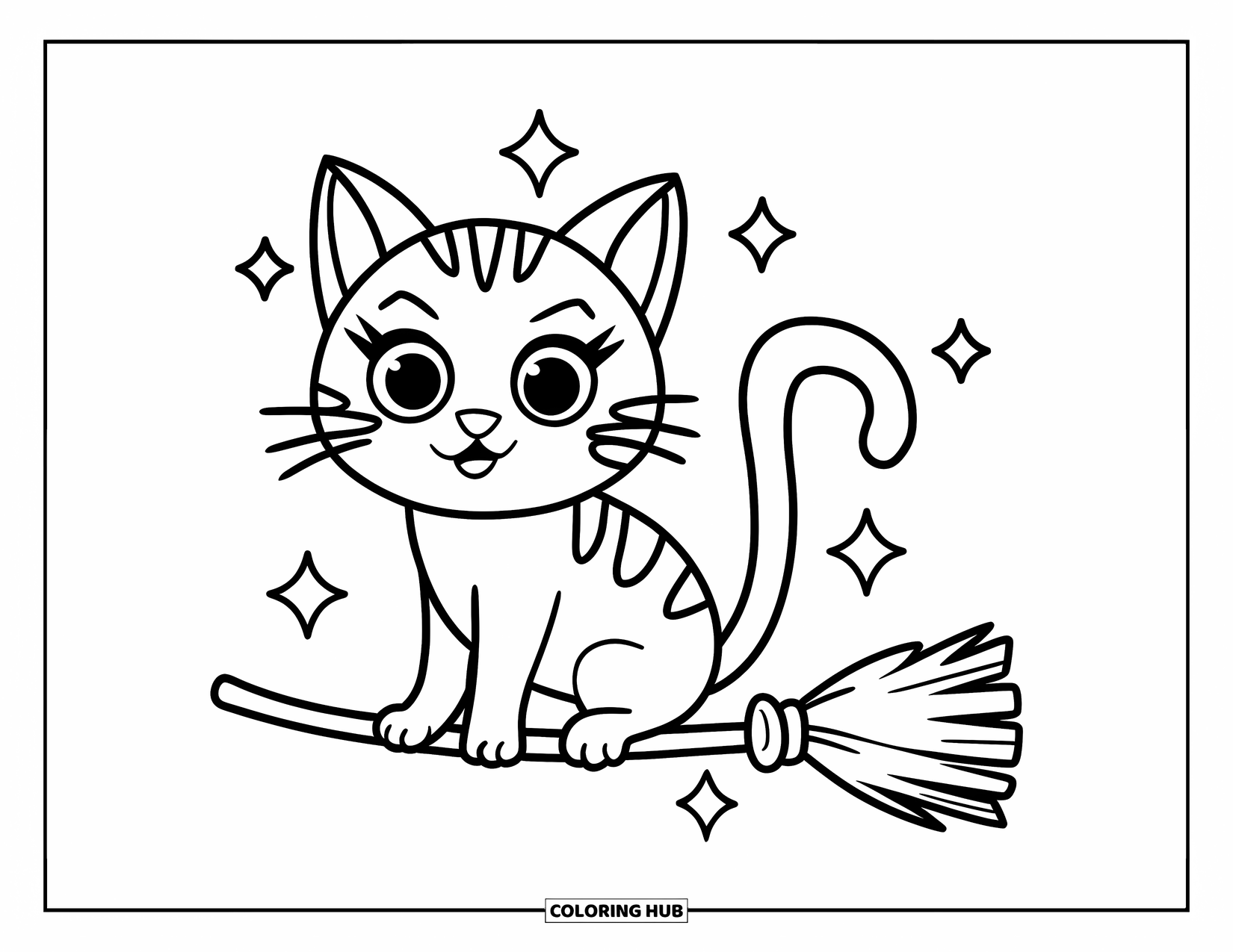 Halloween Cat Coloring Page for Kids: A cheerful cat on a broomstick sits surrounded by magical sparkles