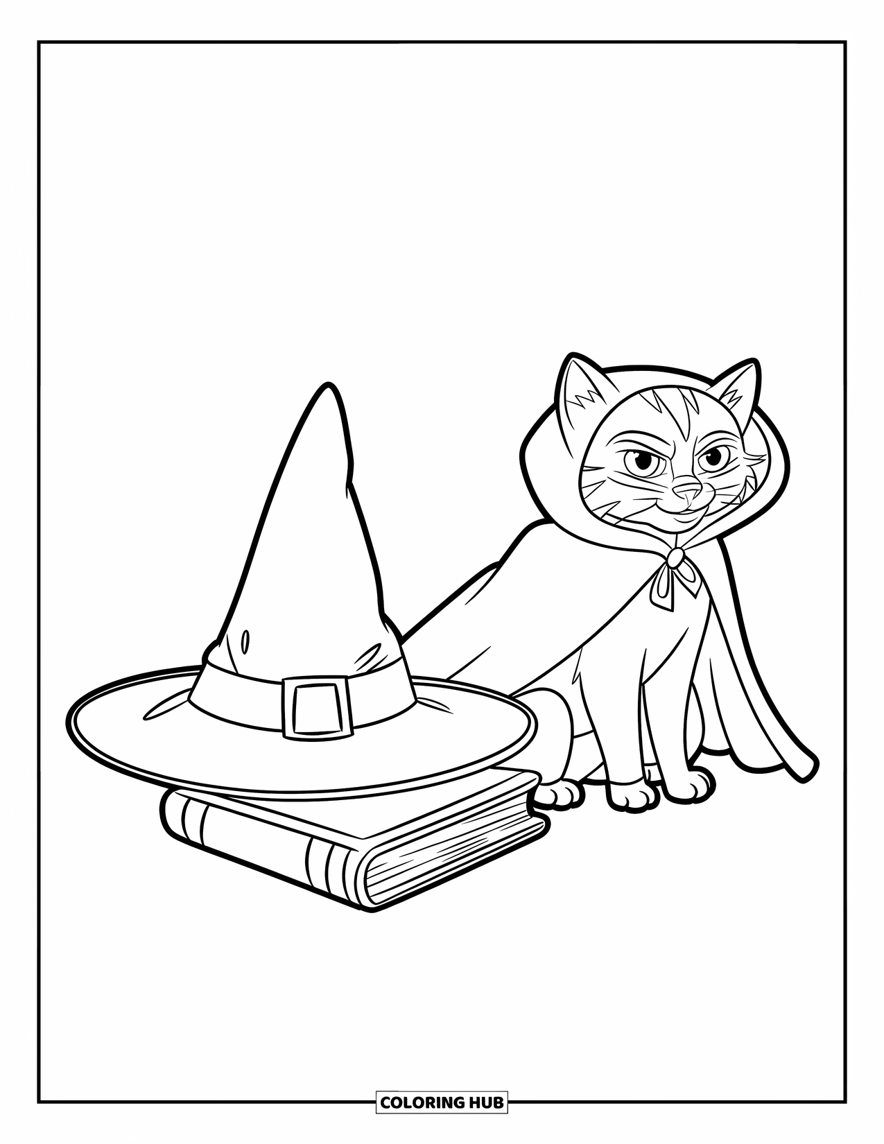 Halloween Cat Coloring Page for Kids: A cloaked cat sits beside a witch hat and spell book on the ground