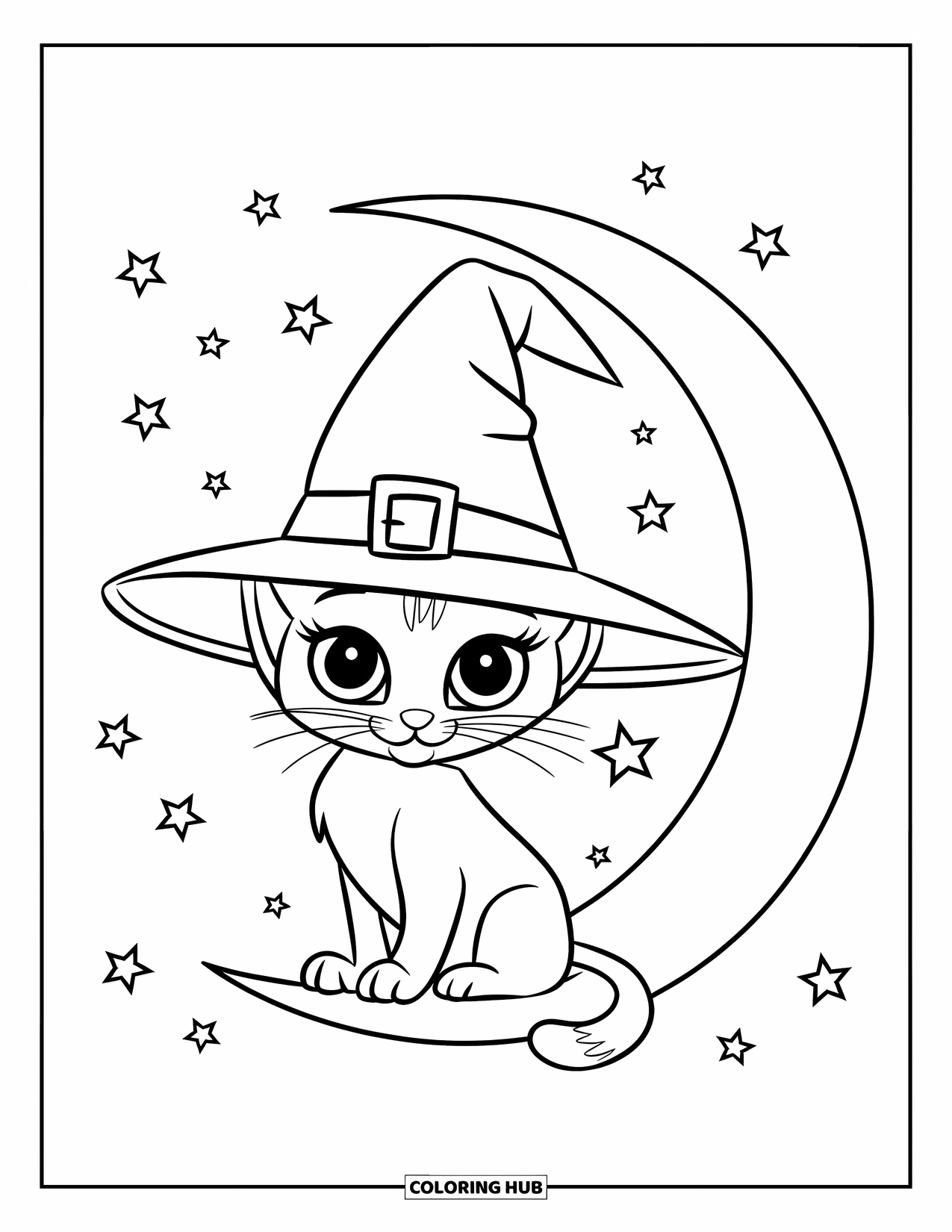 Halloween Cat Coloring Page for Kids: A cute cat in a witch hat sits beside a crescent moon under a starry sky