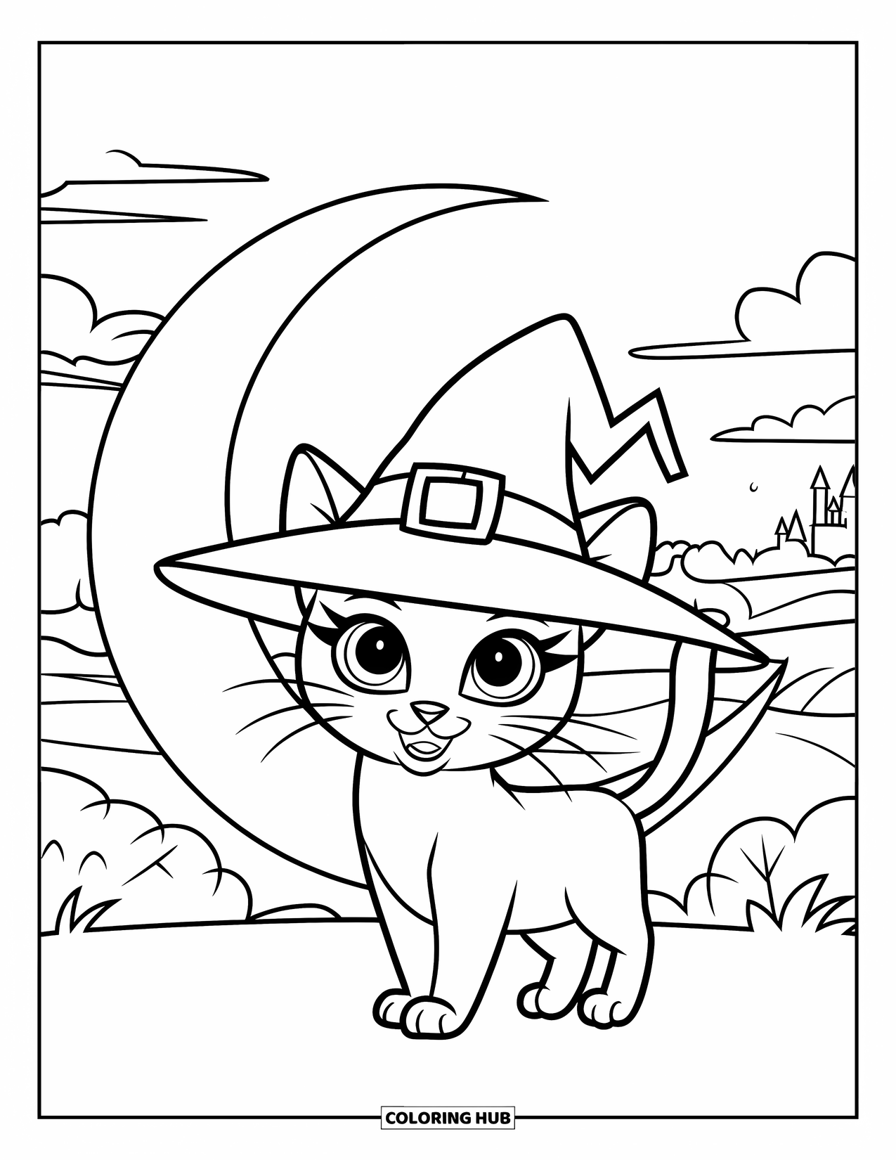 Halloween Cat Coloring Page for Kids: A cute cat with pointy ears stands beside a crescent moon in a dreamy landscape