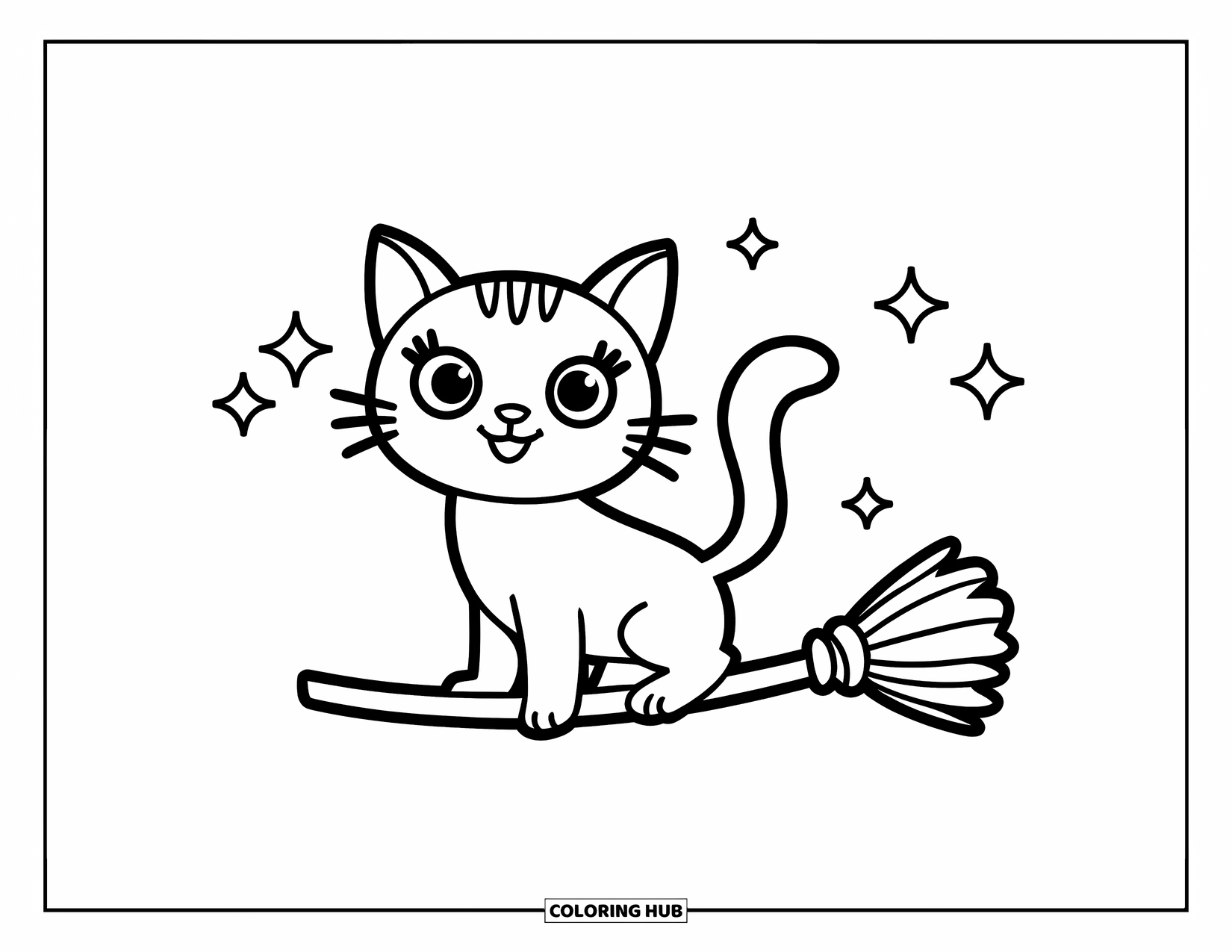 Halloween Cat Coloring Page for Kids: A cute cat with sparkles floats on a broomstick in mid-air