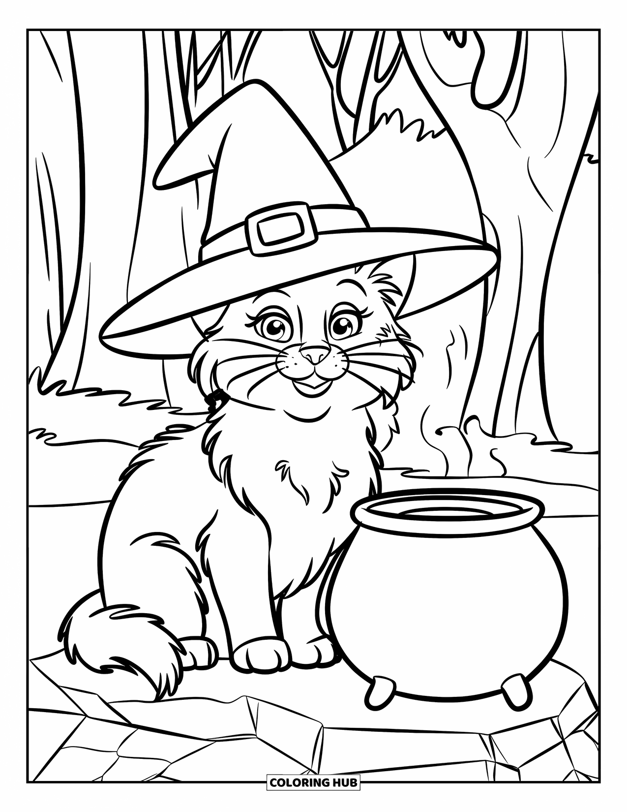 Halloween Cat Coloring Page for Kids: A fluffy cat in a witch hat sits near a simple cauldron in the woods