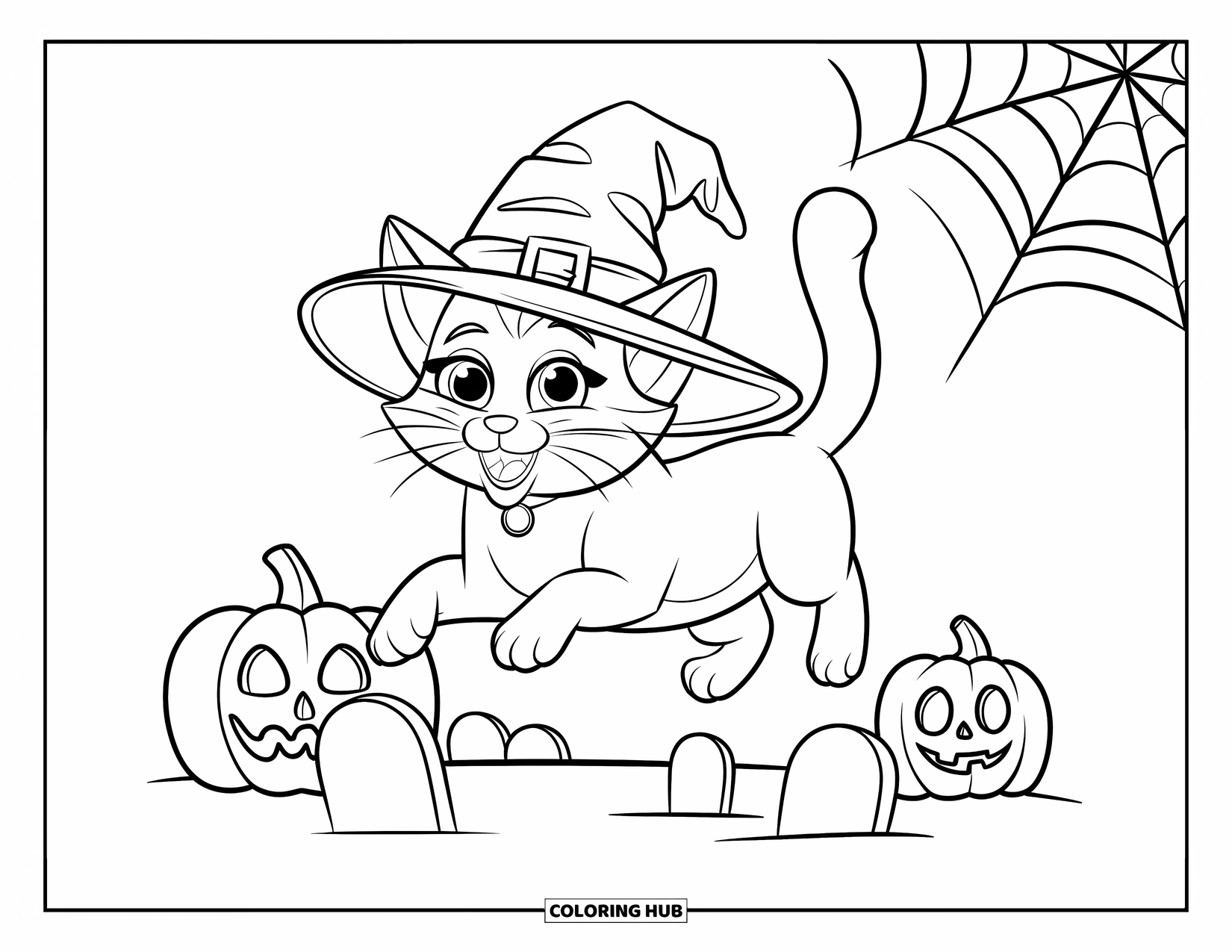 Halloween Cat Coloring Page for Kids: A grinning cat jumps over gravestones with pumpkins and webs in the scene