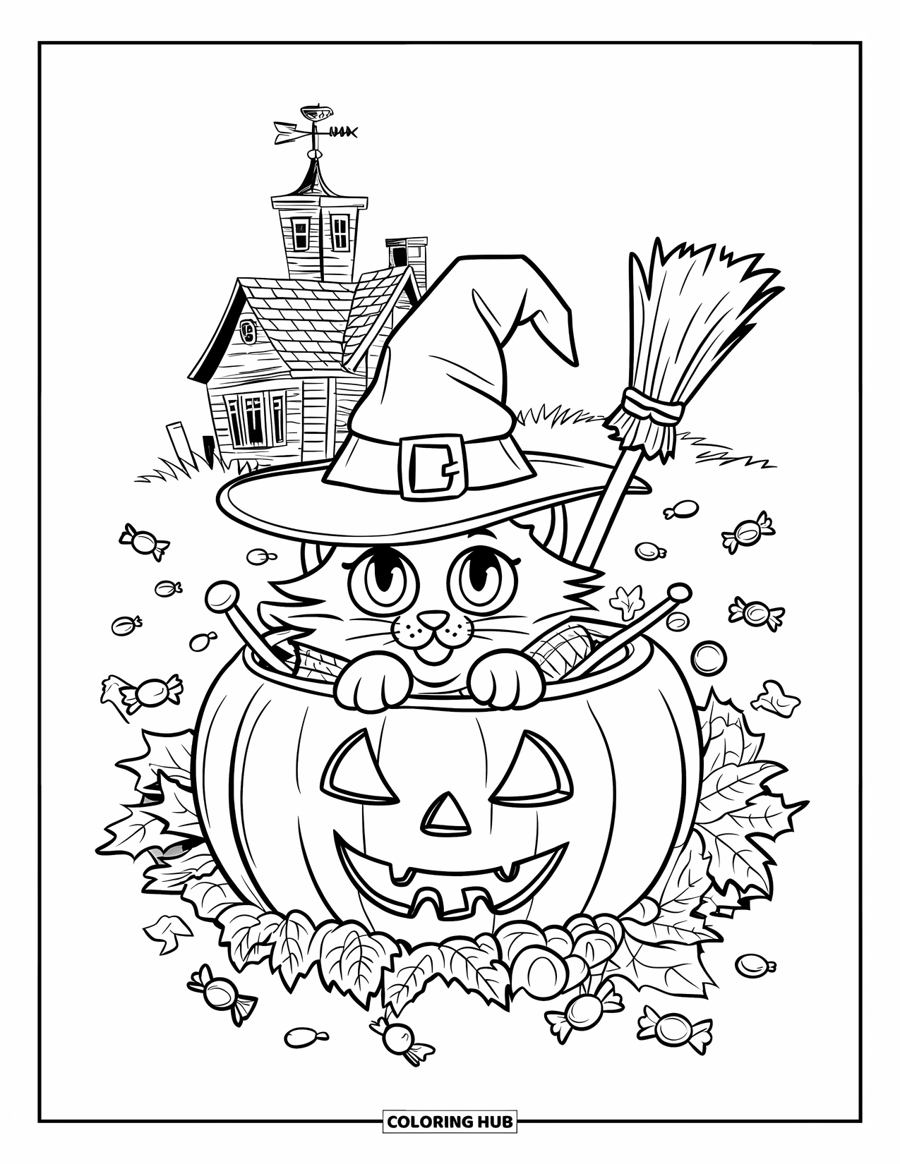 Halloween Cat Coloring Page for Kids: A Halloween cat hides in a leaf pile with candy near a haunted house