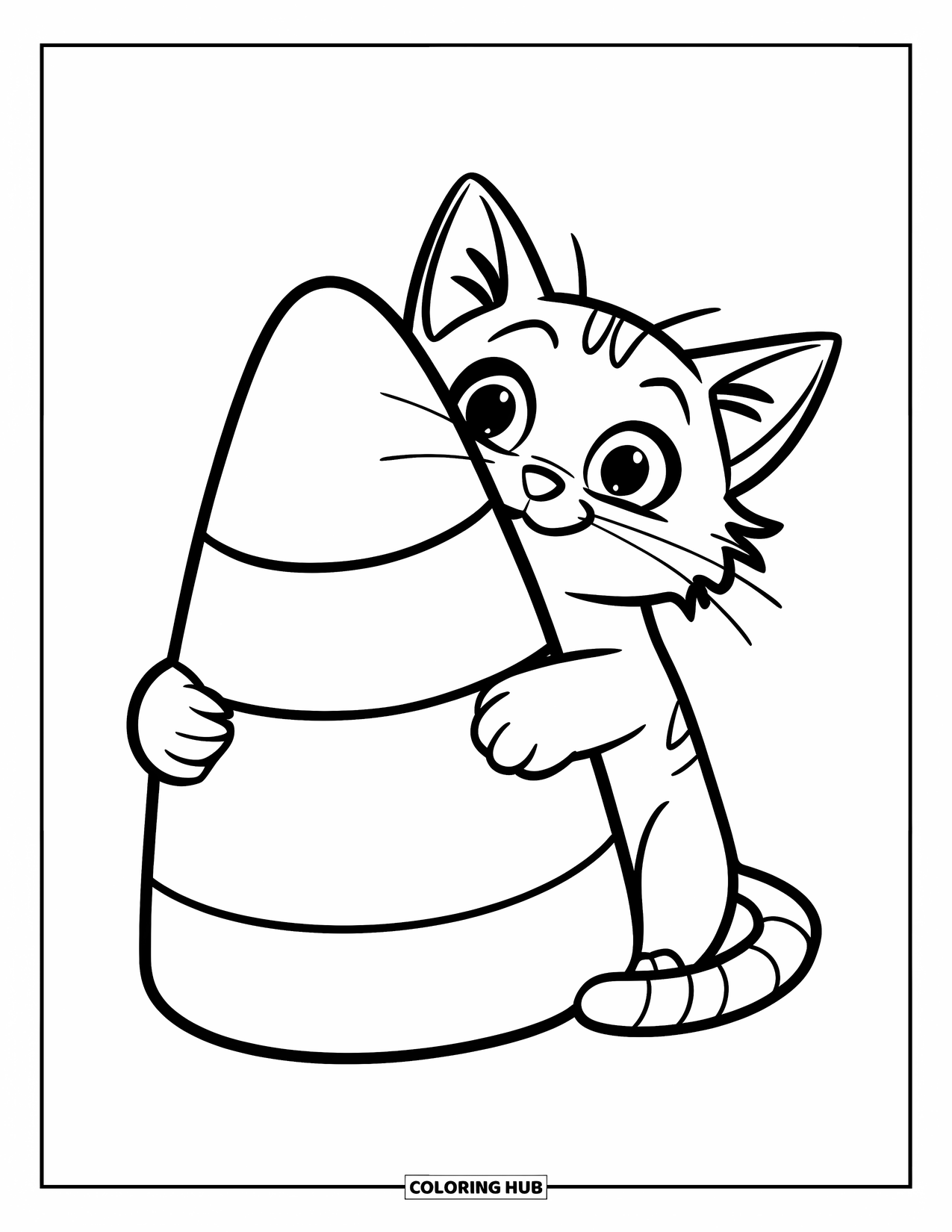 Halloween Cat Coloring Page for Kids: A Halloween cat hugs a giant candy corn with a happy face