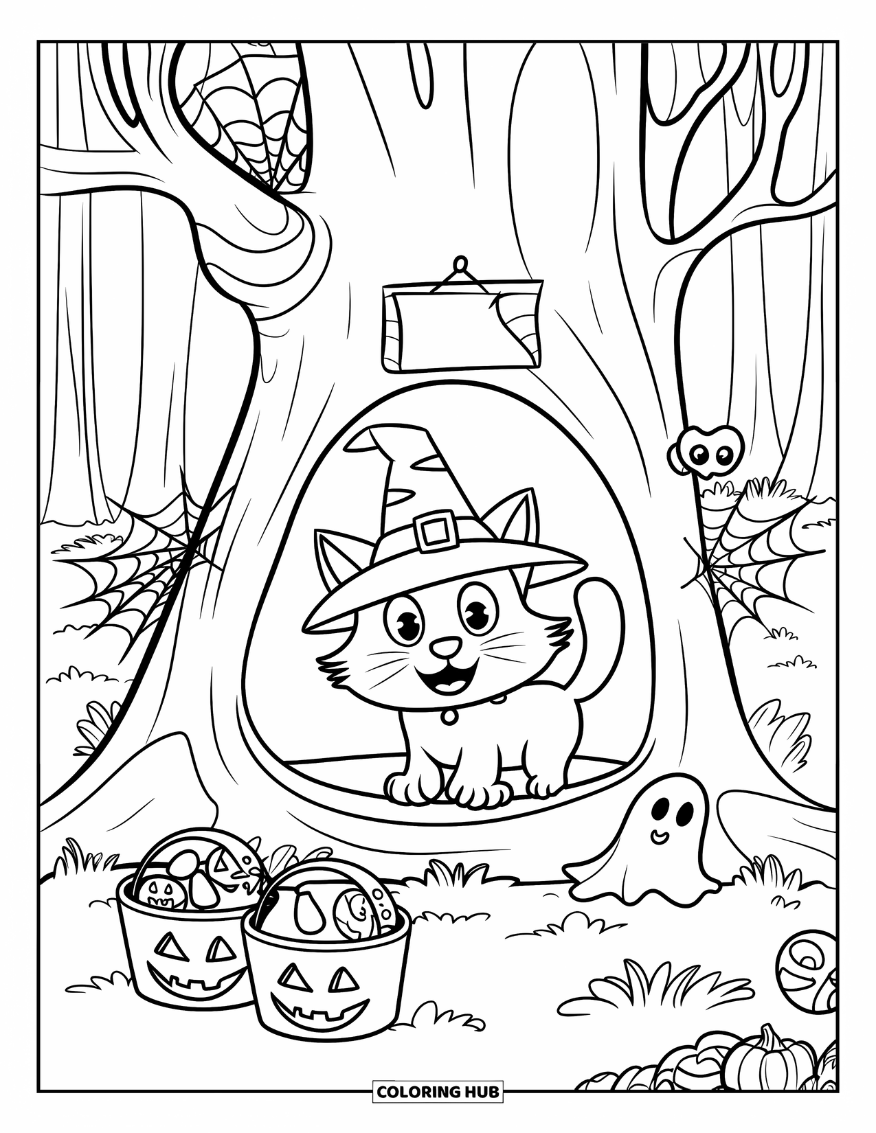 Halloween Cat Coloring Page for Kids: A happy cat in a witch hat sits by candy buckets in a cobwebbed tree hollow