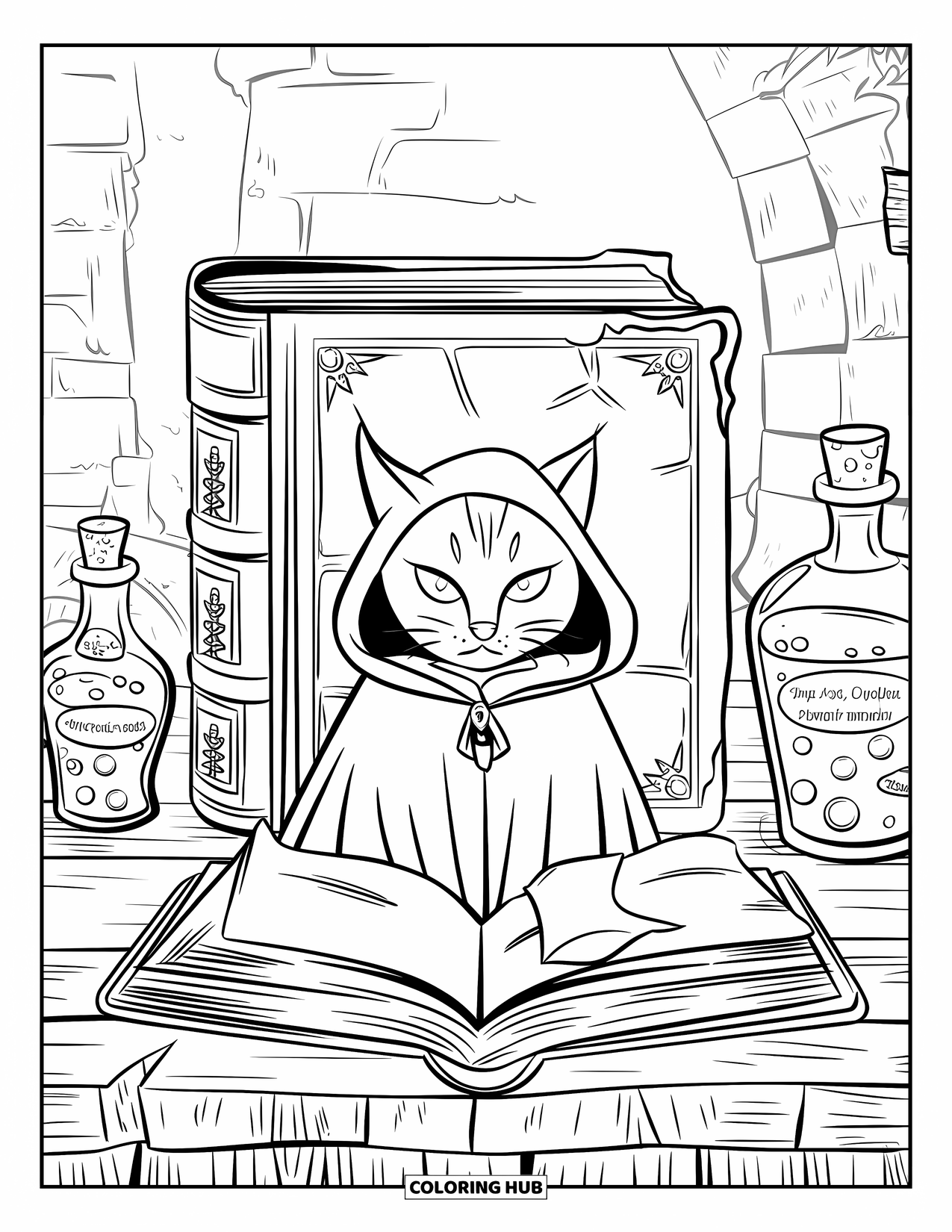 Halloween Cat Coloring Page for Kids: A hooded cat studies a worn spellbook and labeled potions beside a lit torch