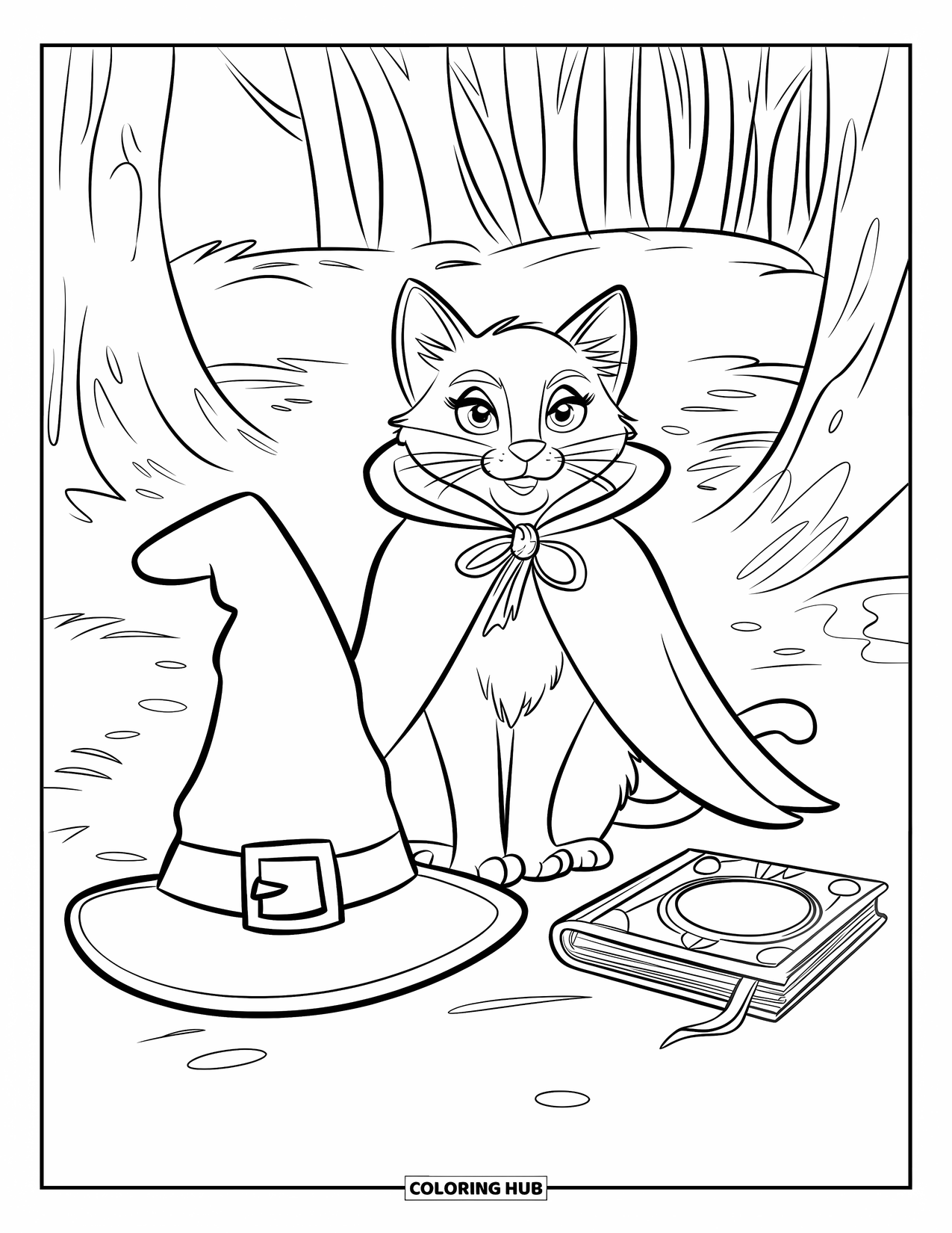 Halloween Cat Coloring Page for Kids: A magical-looking cat rests by a witch hat and spell book in the forest