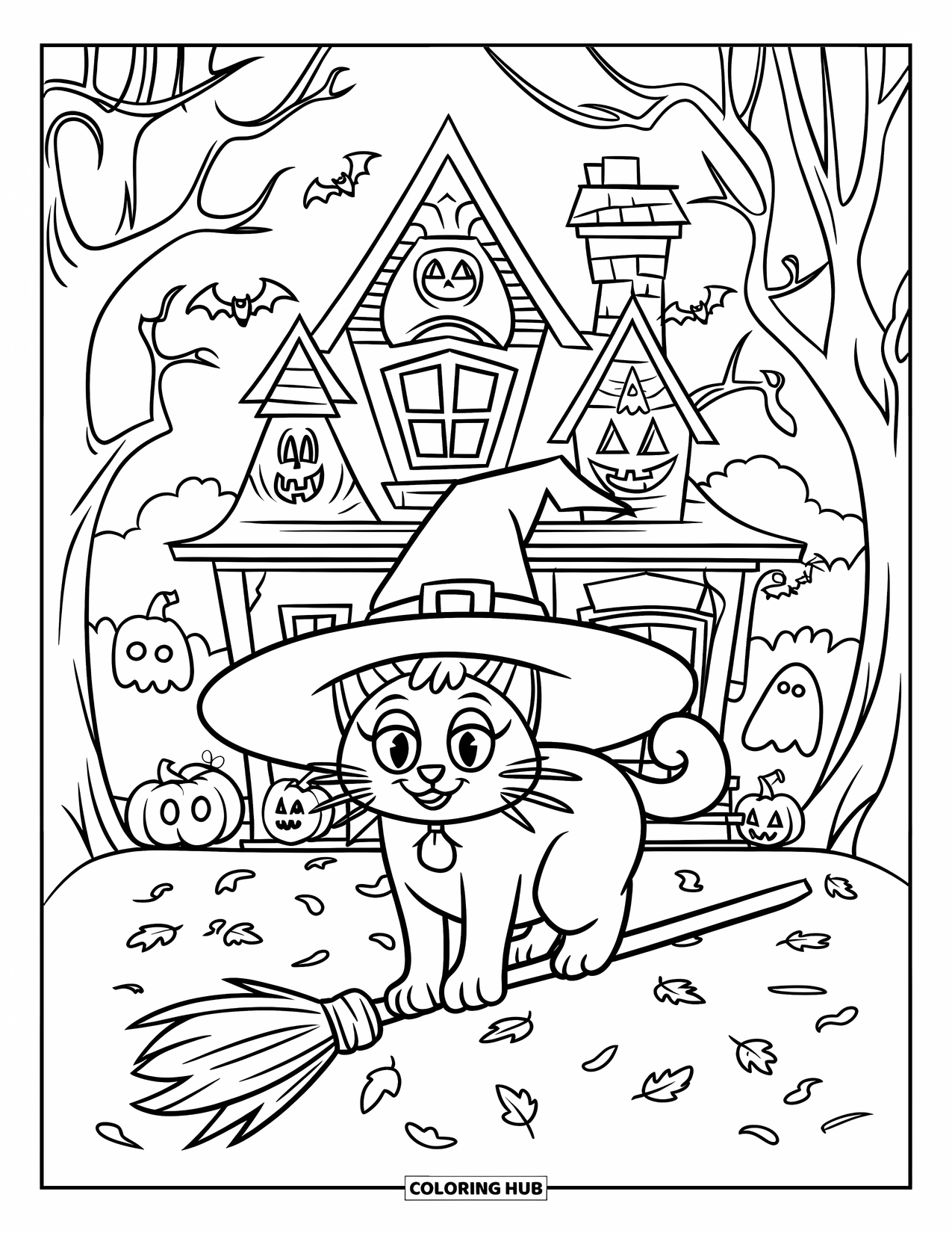 Halloween Cat Coloring Page for Kids: A playful cat on a broomstick sits near a haunted house with ghosts and pumpkins