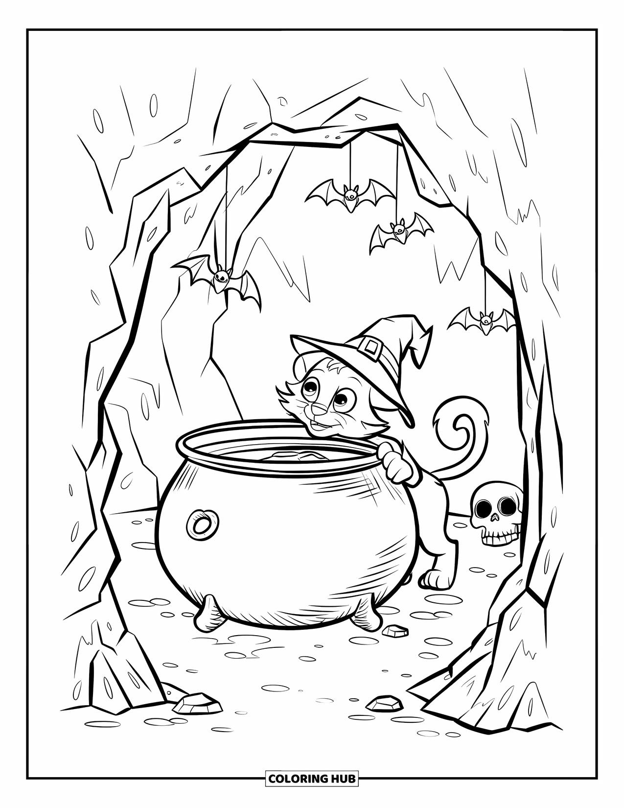 Halloween Cat Coloring Page for Kids: A pointy-hat cat explores a rocky cave with bats and a bubbling cauldron
