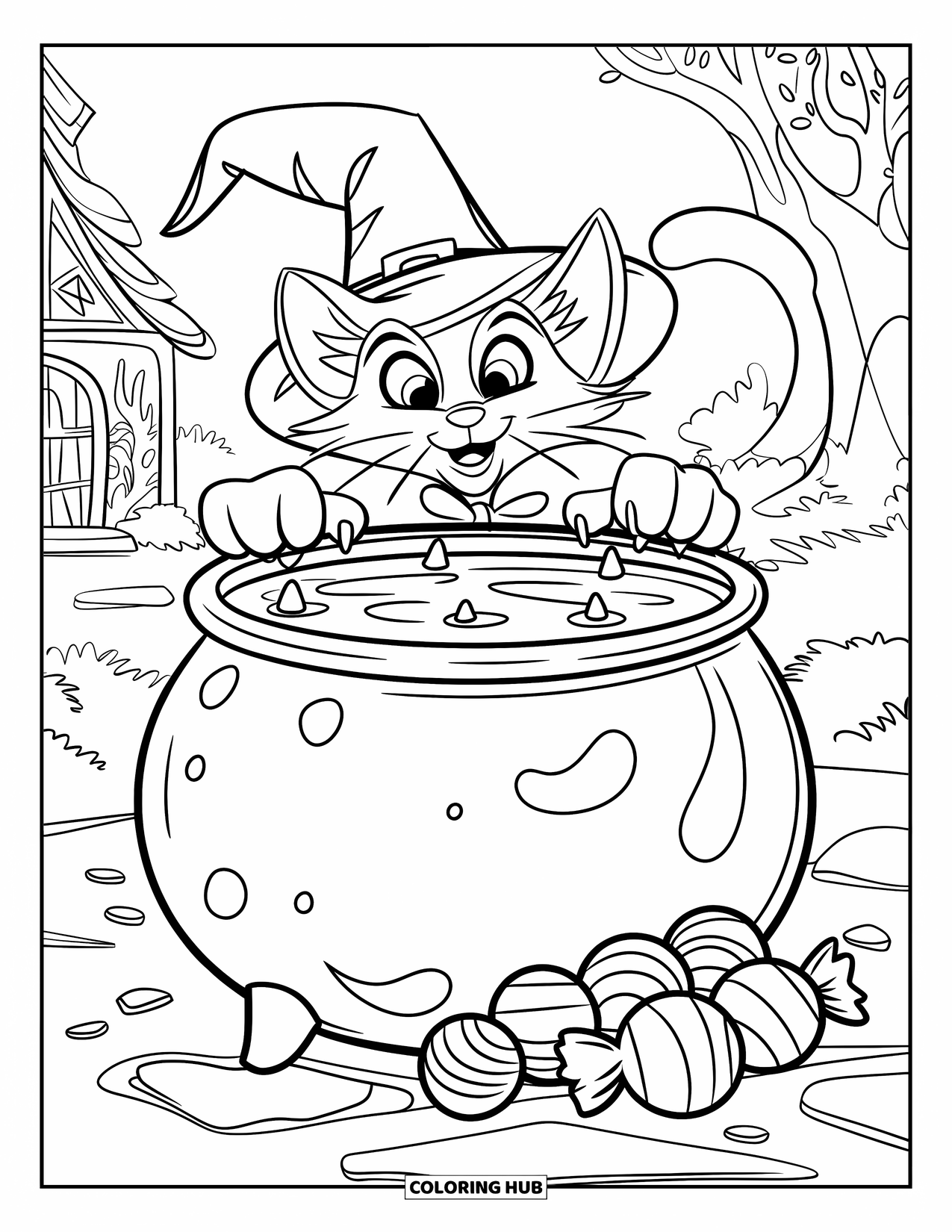 Halloween Cat Coloring Page for Kids: A pointy-hat cat stands on a rock, peering into a bubbling candy cauldron