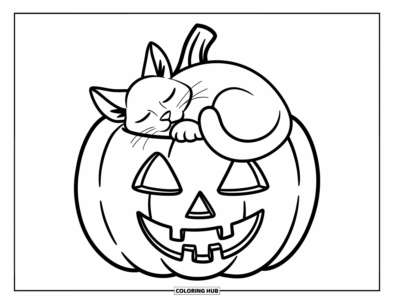 Halloween Cat Coloring Page for Kids: A relaxed cat snuggles inside the hollow of a big jack-o'-lantern