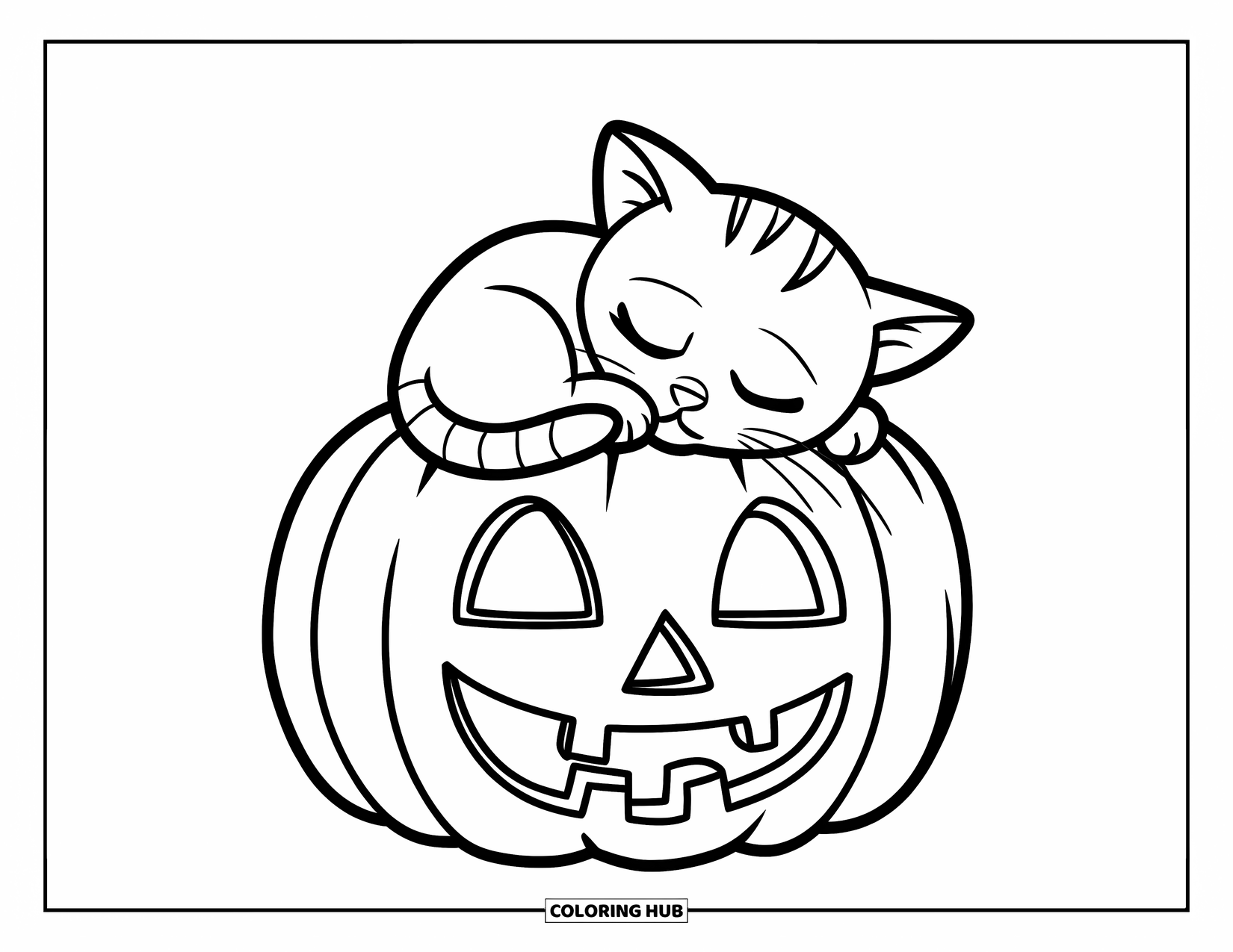 Halloween Cat Coloring Page for Kids: A sleepy cat curls up on a pumpkin with its eyes closed