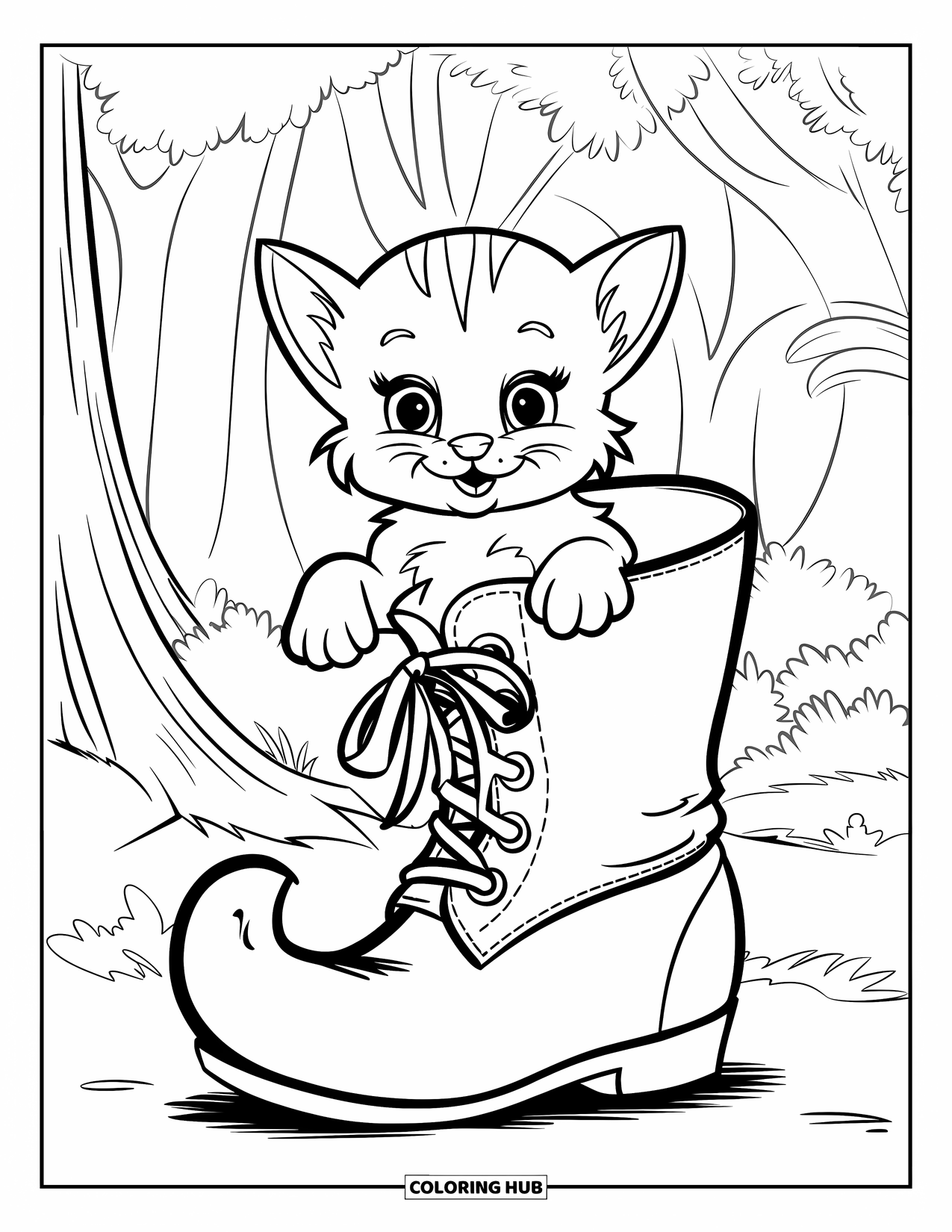 Halloween Cat Coloring Page for Kids: A small cat peeks from a ribbon-tied witch boot in the forest