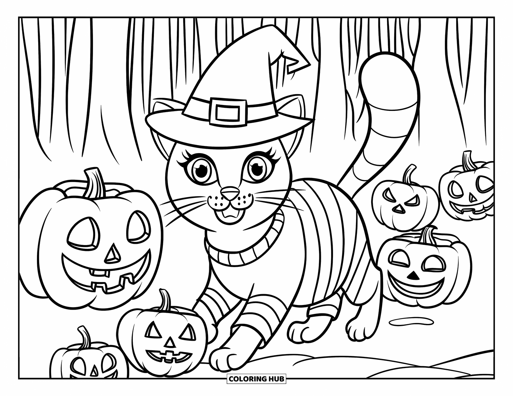 Halloween Cat Coloring Page for Kids: A striped cat in a witch hat strolls through floating jack-o'-lanterns in a dark forest