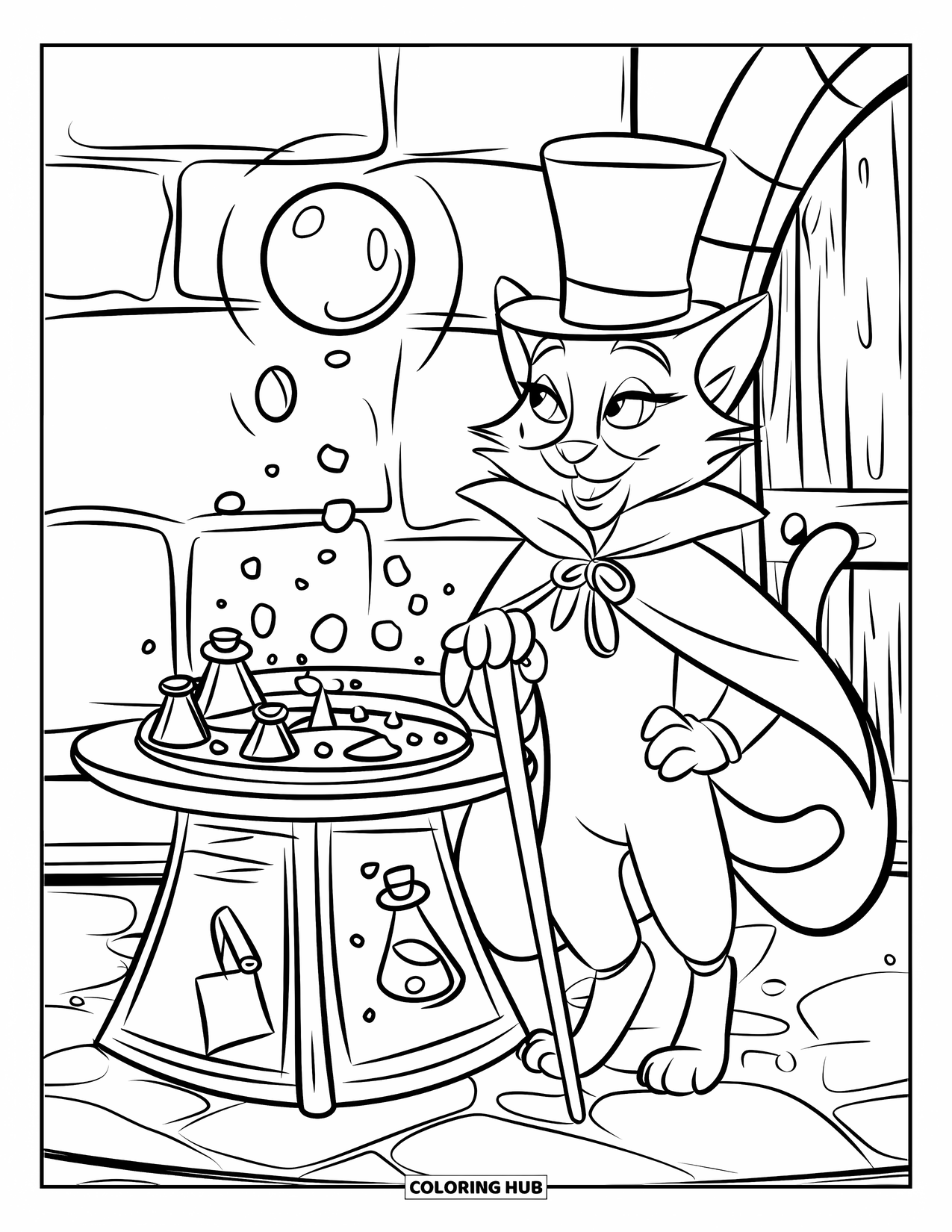 Halloween Cat Coloring Page for Kids: A top-hatted cat stands by a potion table with a floating orb overhead
