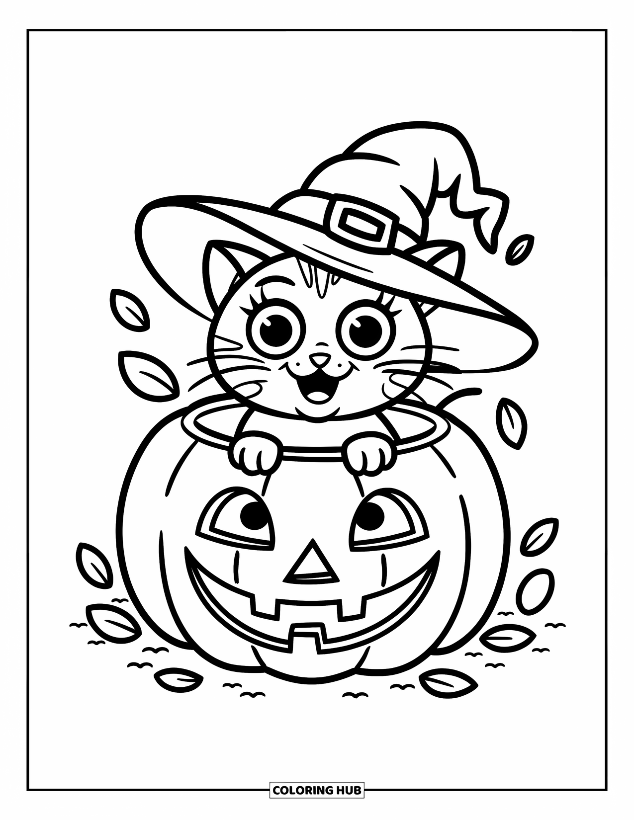 Halloween Cat Coloring Page for Kids: A wide-eyed cat in a witch hat sits inside a smiling pumpkin with leaves around it