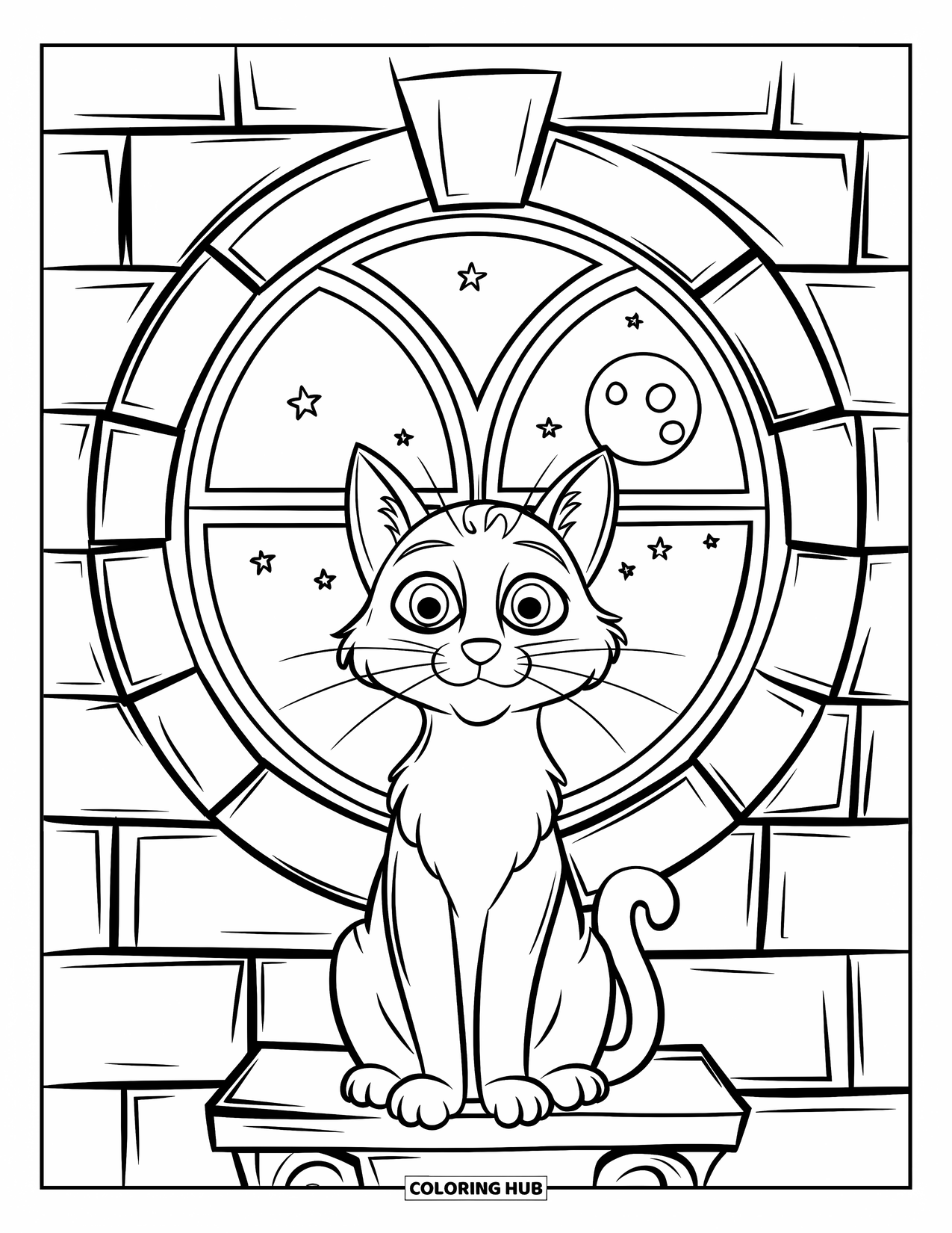 Halloween Cat Coloring Page for Kids: A wide-eyed cat sits on a pedestal and gazes at the moon through a gothic window