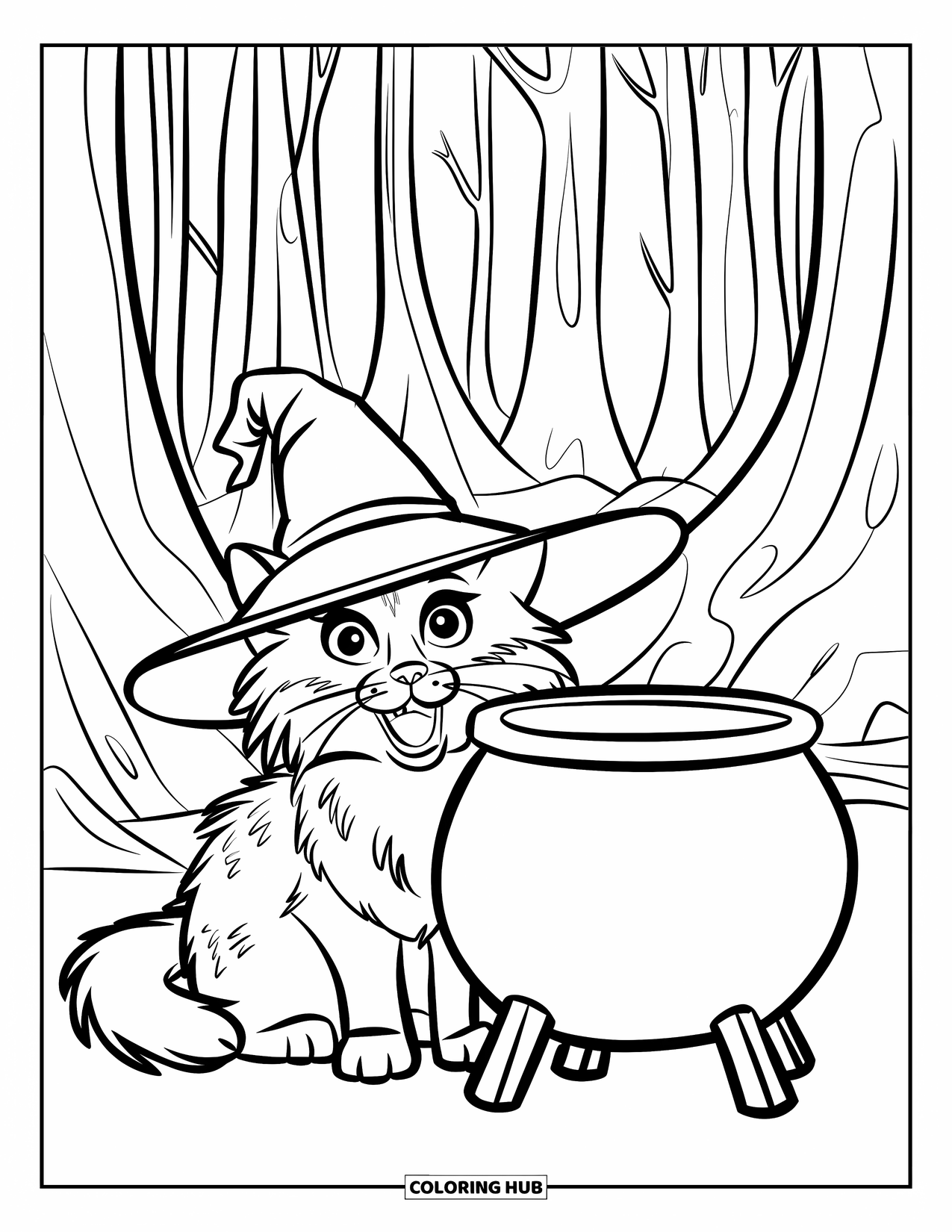 Halloween Cat Coloring Page for Kids: A wide-eyed fluffy cat stares at a cauldron in a tall, quiet forest