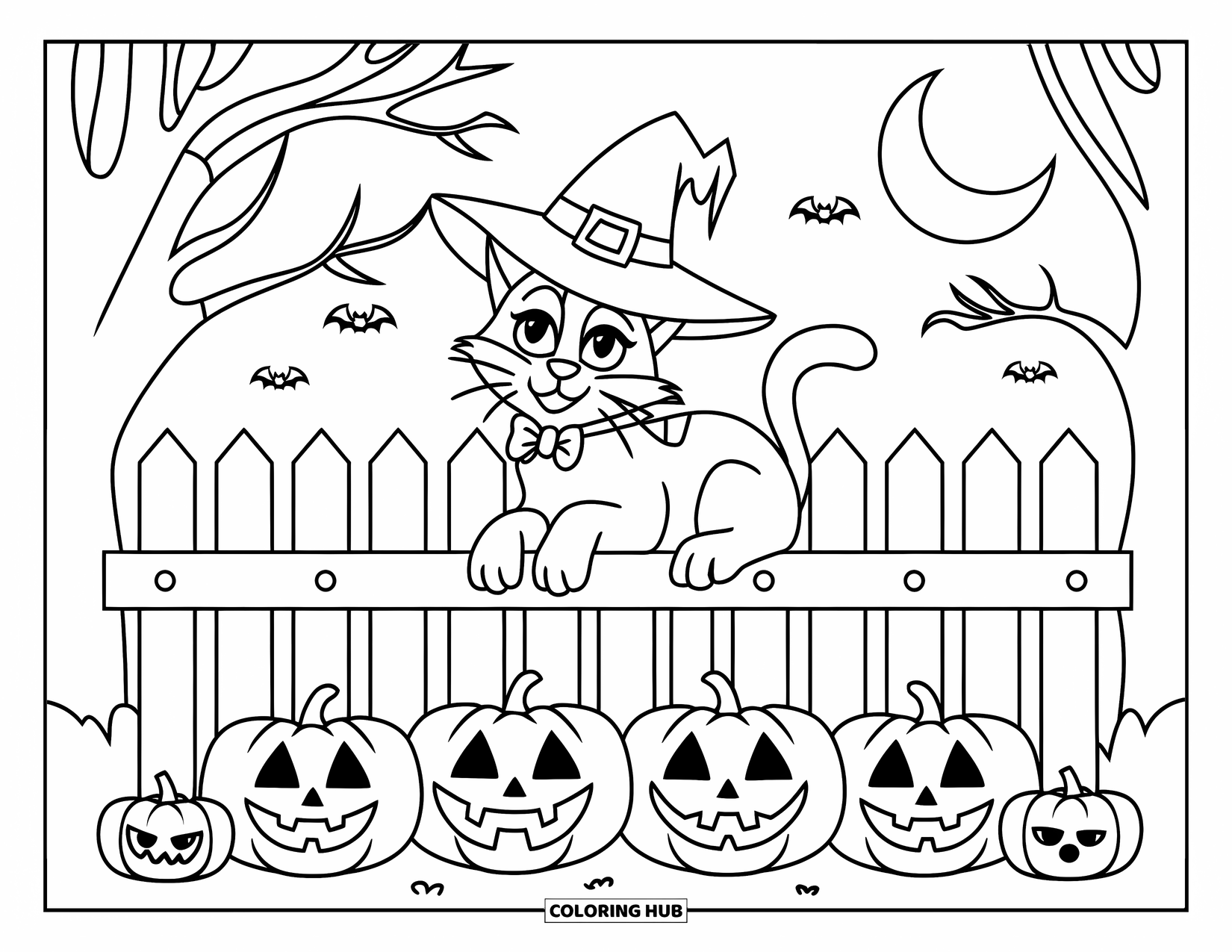 Halloween Cat Coloring Page for Kids: A witch-hat cat rests on a fence above spooky pumpkins under the night sky