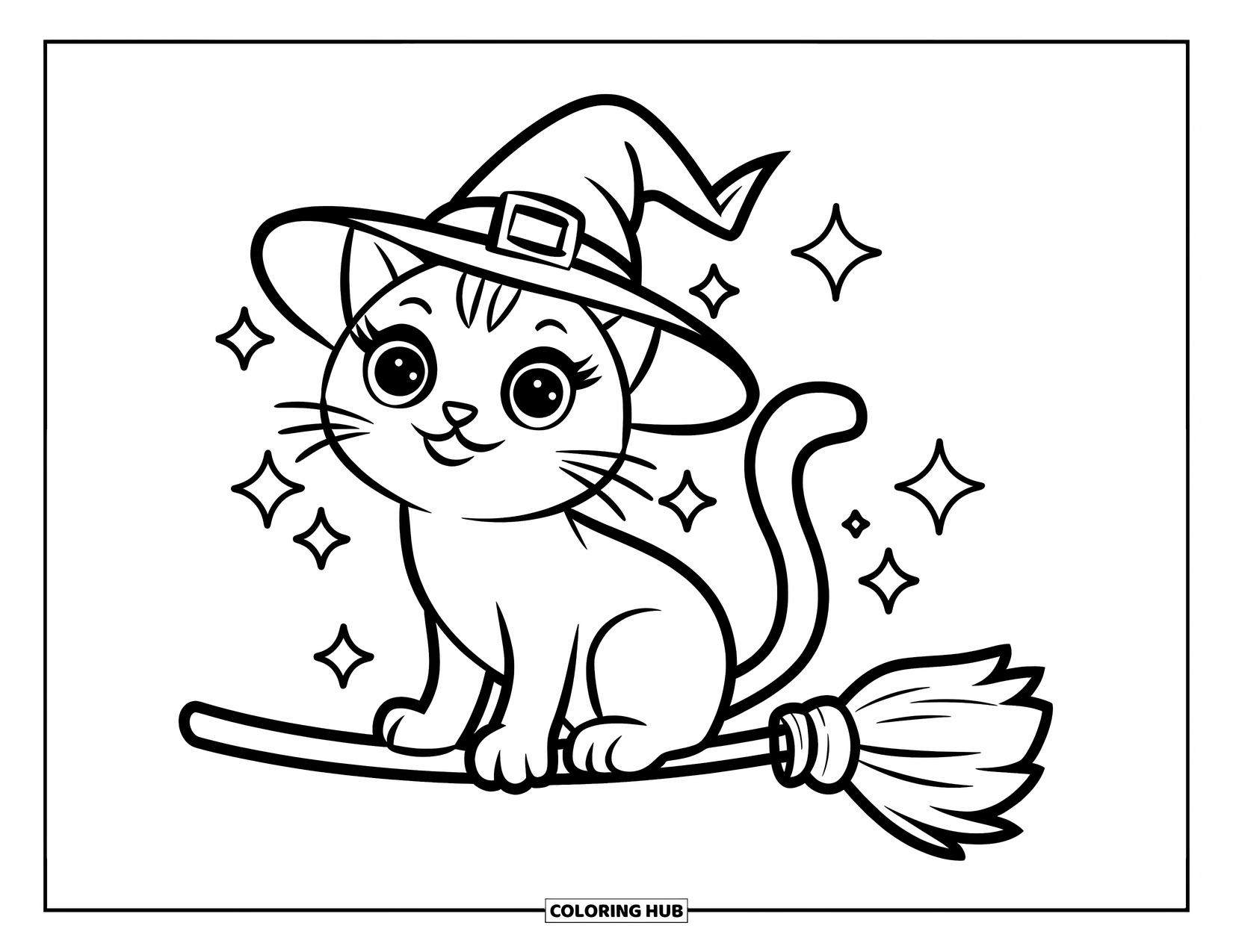 Halloween Cat Coloring Page for Kids: A witch-hat cat sparkles while sitting on a broomstick