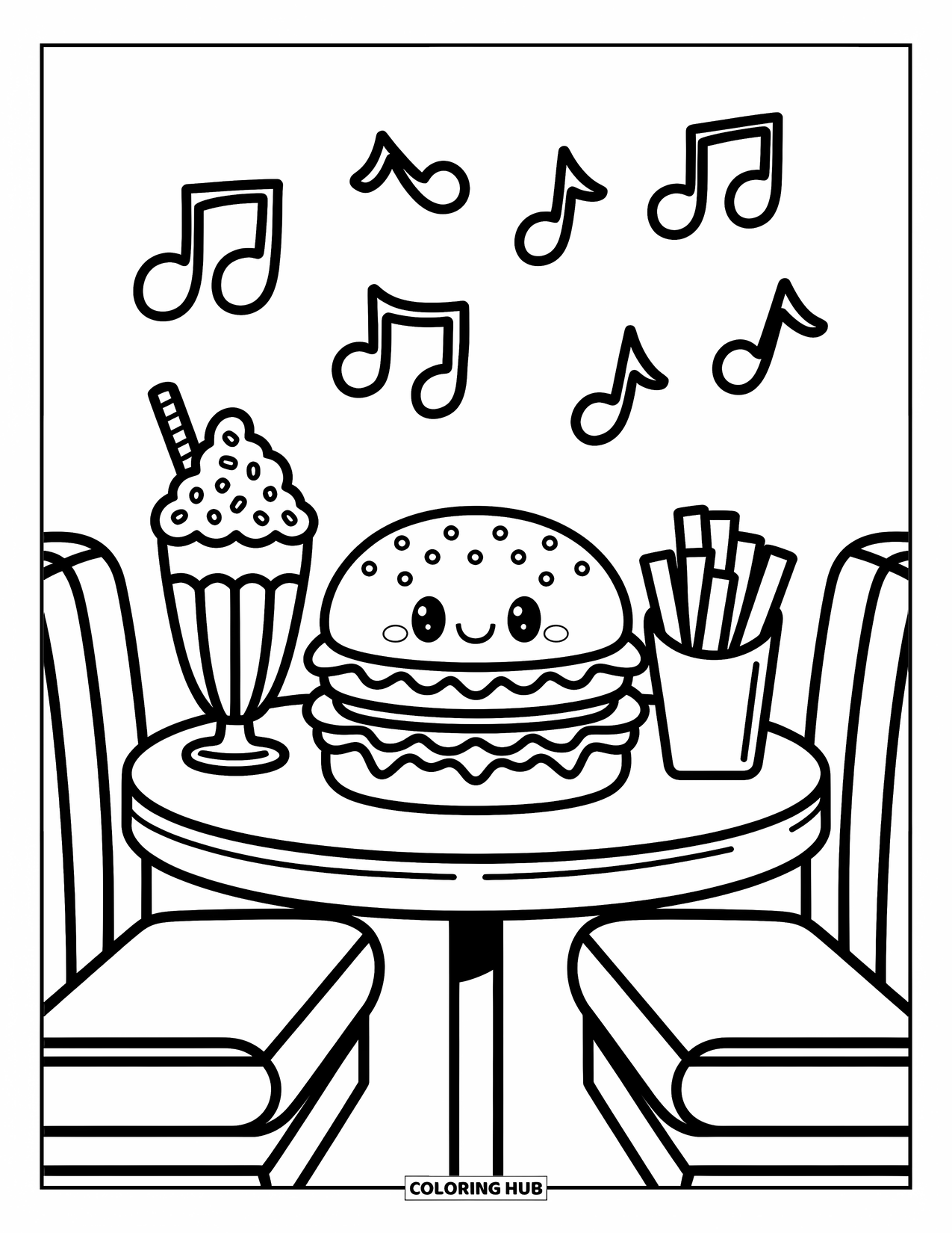 Hamburger Coloring Page for Adults: Adorable hamburger and snack pals in a 50s diner booth with playful music notes