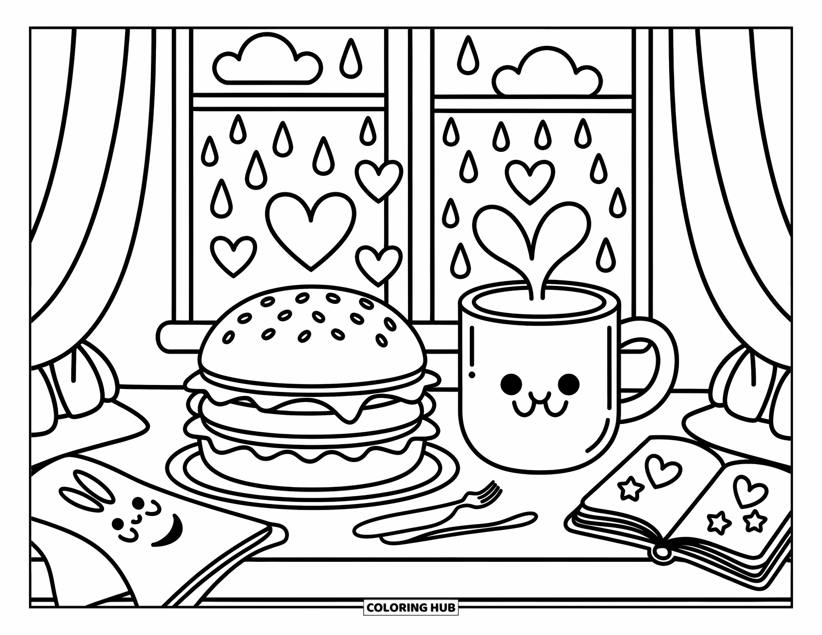Hamburger Coloring Page for Adults: Burger and mug rest by a cozy window with heart steam and a bunny-shaped napkin