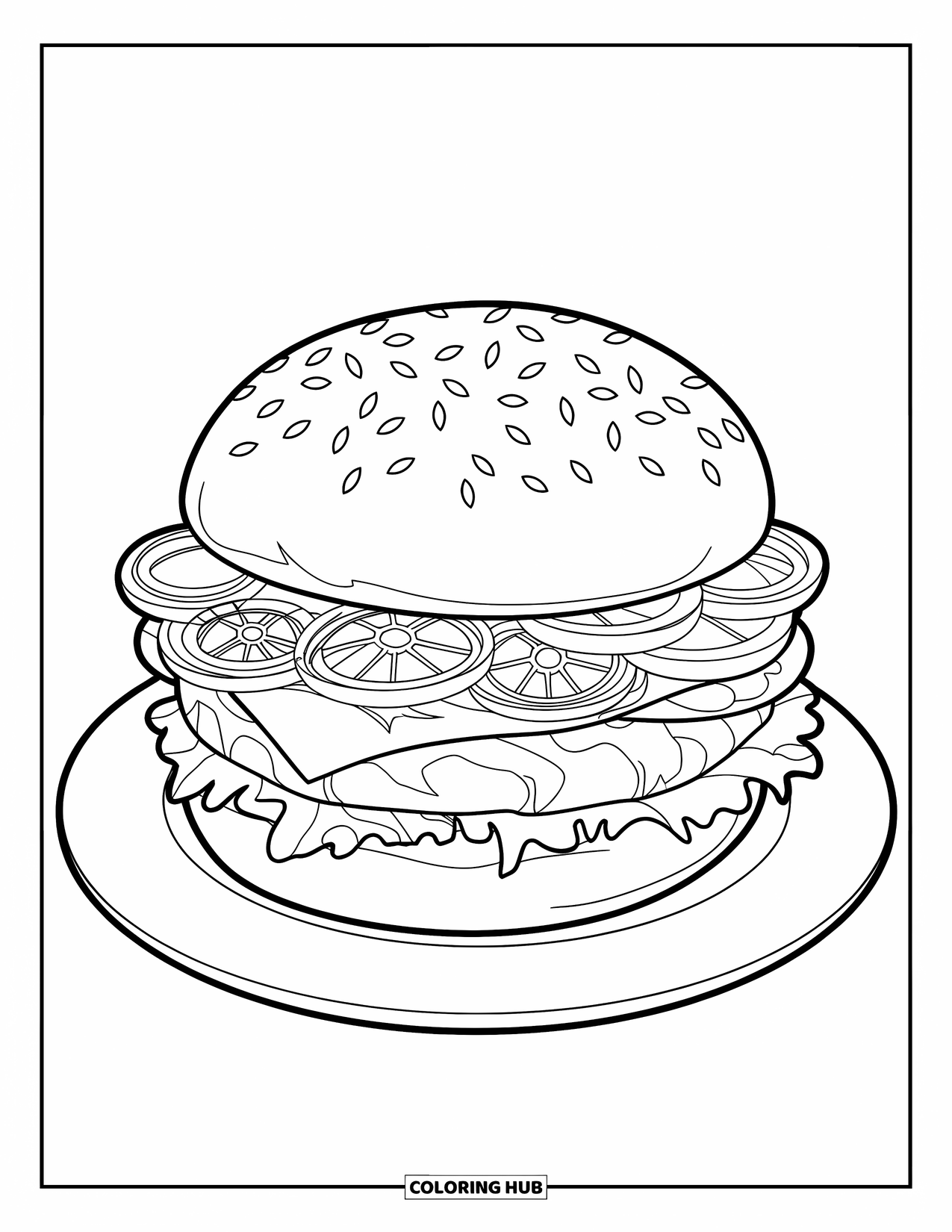 Hamburger Coloring Page for Adults: Burger with floral vine details and onion ring patterns in stained-glass style
