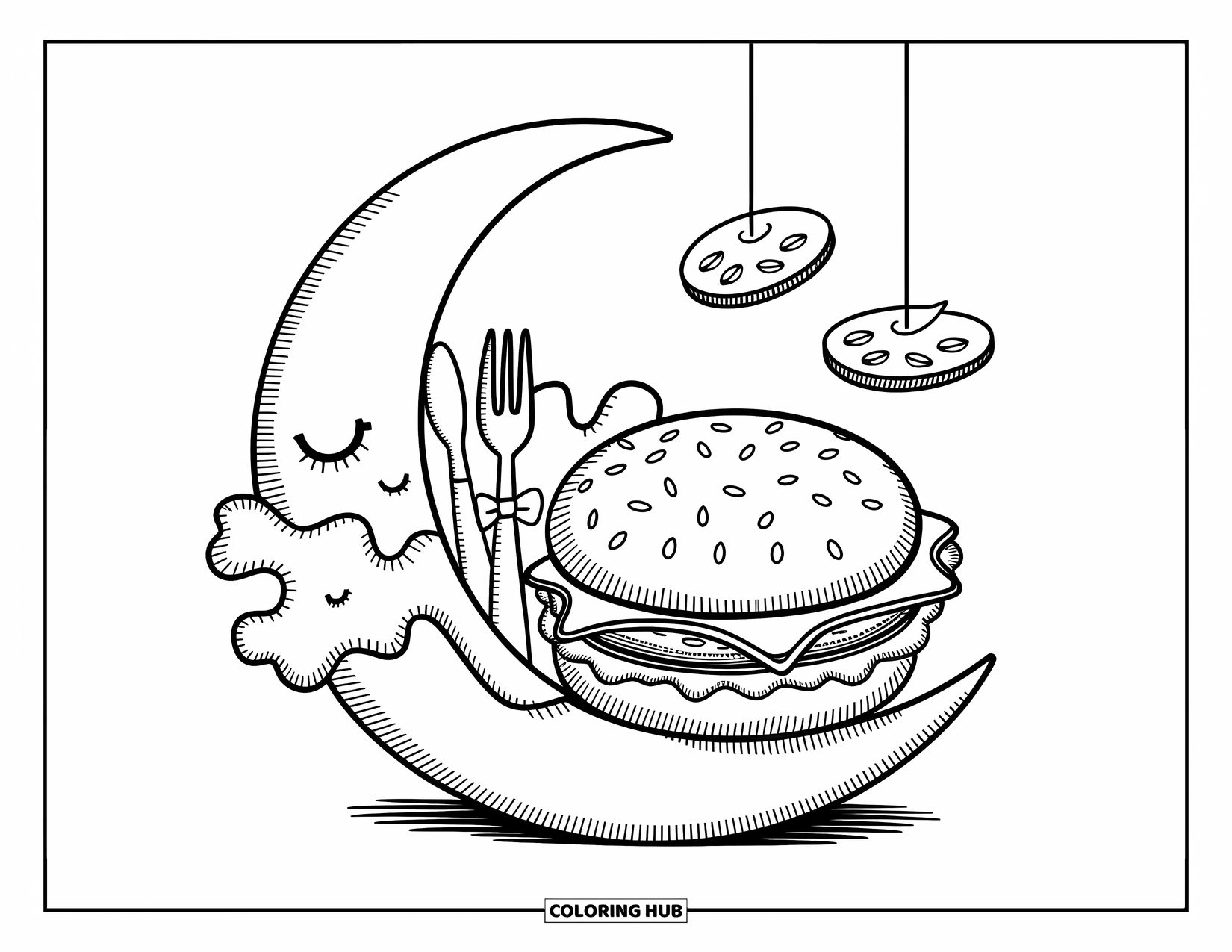 Hamburger Coloring Page for Adults: Cozy hamburger naps on a crescent plate with tomatoes and cheese mobiles above