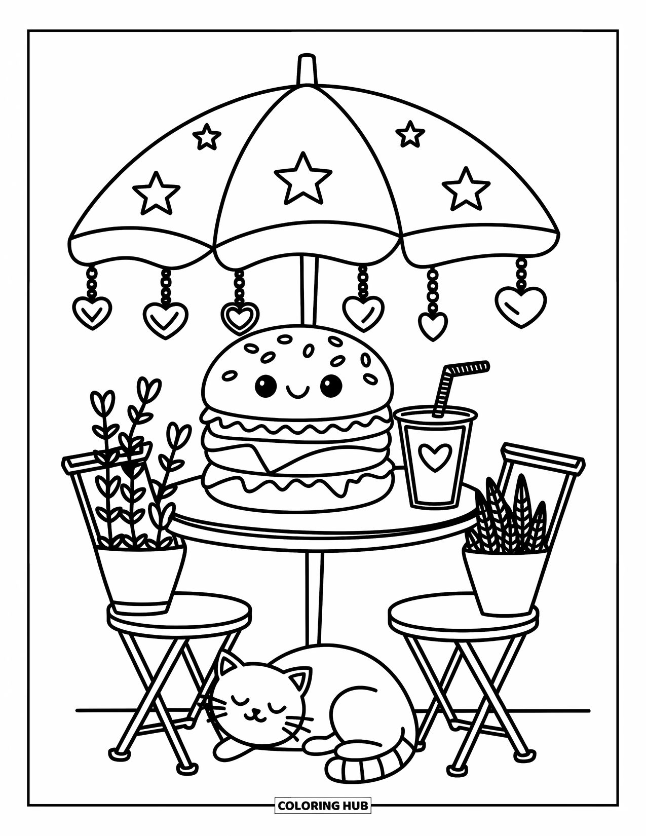 Hamburger Coloring Page for Adults: Cute burger cafÈ scene with a star umbrella, plants, drink, and a sleeping cat