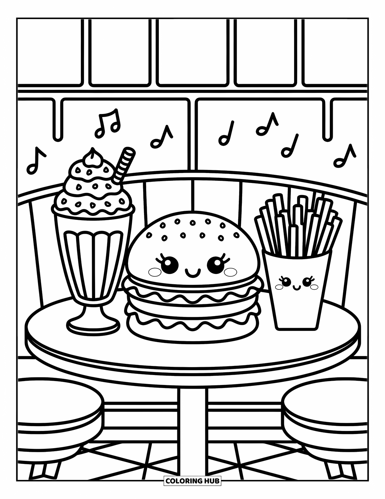 Hamburger Coloring Page for Adults: Cute diner scene with burger, fries, milkshake, onion rings, and floating music notes