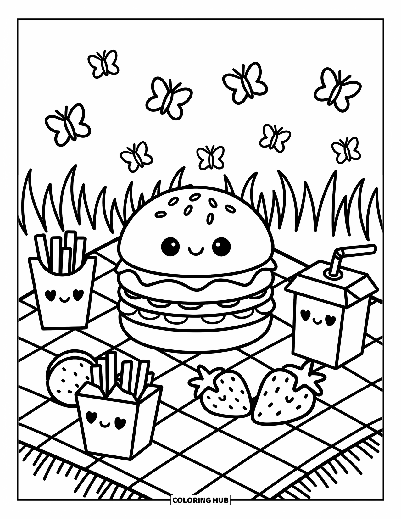 Hamburger Coloring Page for Adults: Cute picnic scene with a smiling burger, kawaii snacks, and fluttering butterflies