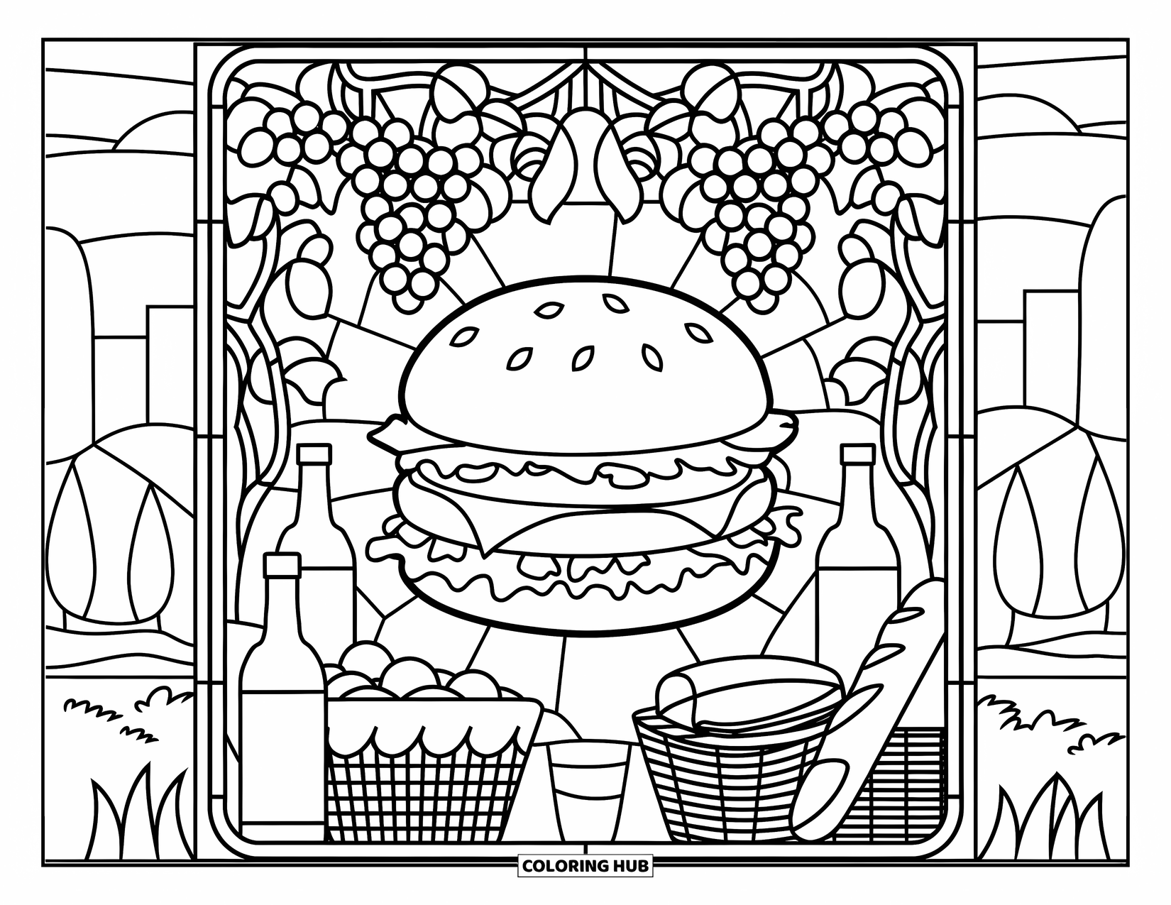 Hamburger Coloring Page for Adults: Hamburger in a stained-glass panel with picnic baskets, grapevines, and a peaceful backdrop