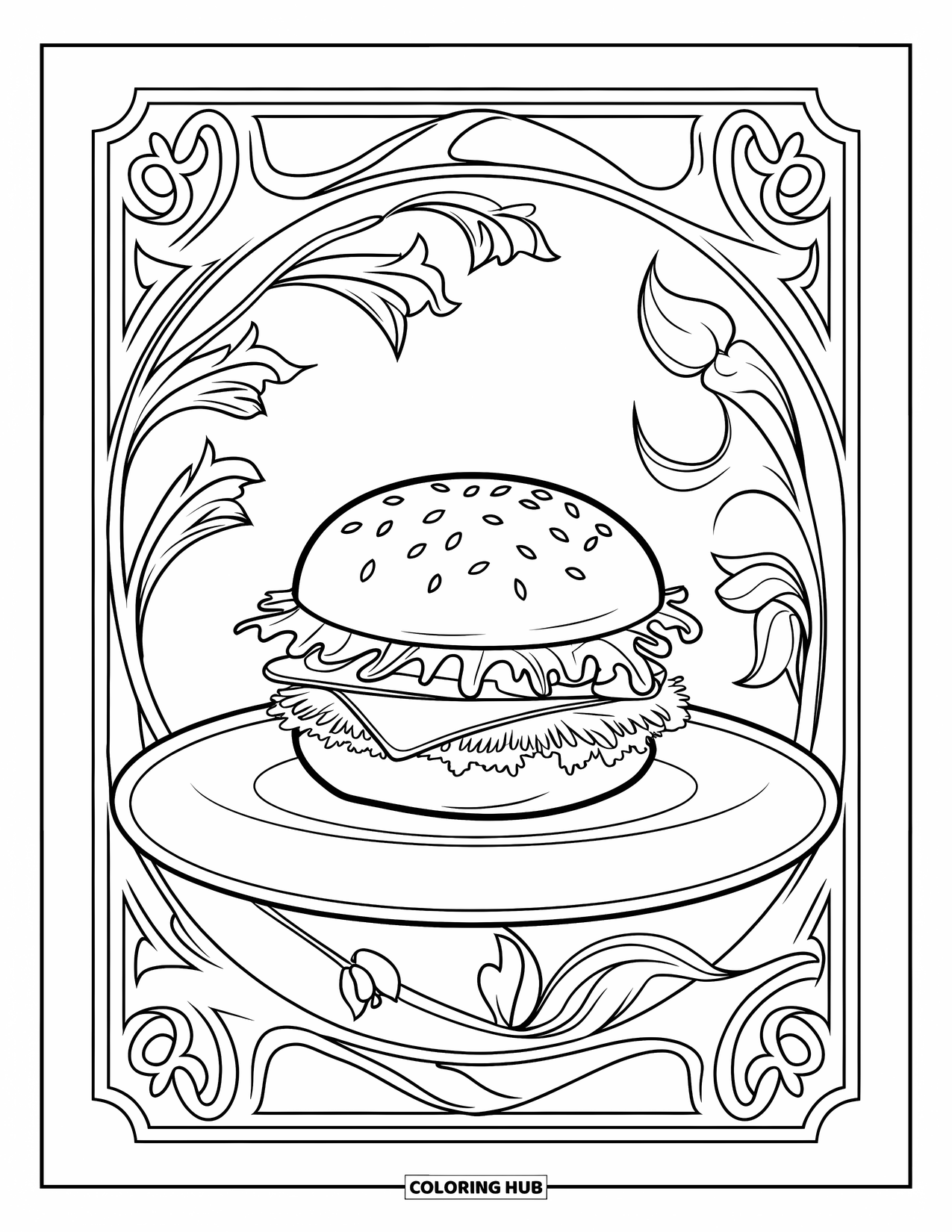 Hamburger Coloring Page for Adults: Hamburger on a plate framed by swirling floral vines and art nouveau touches
