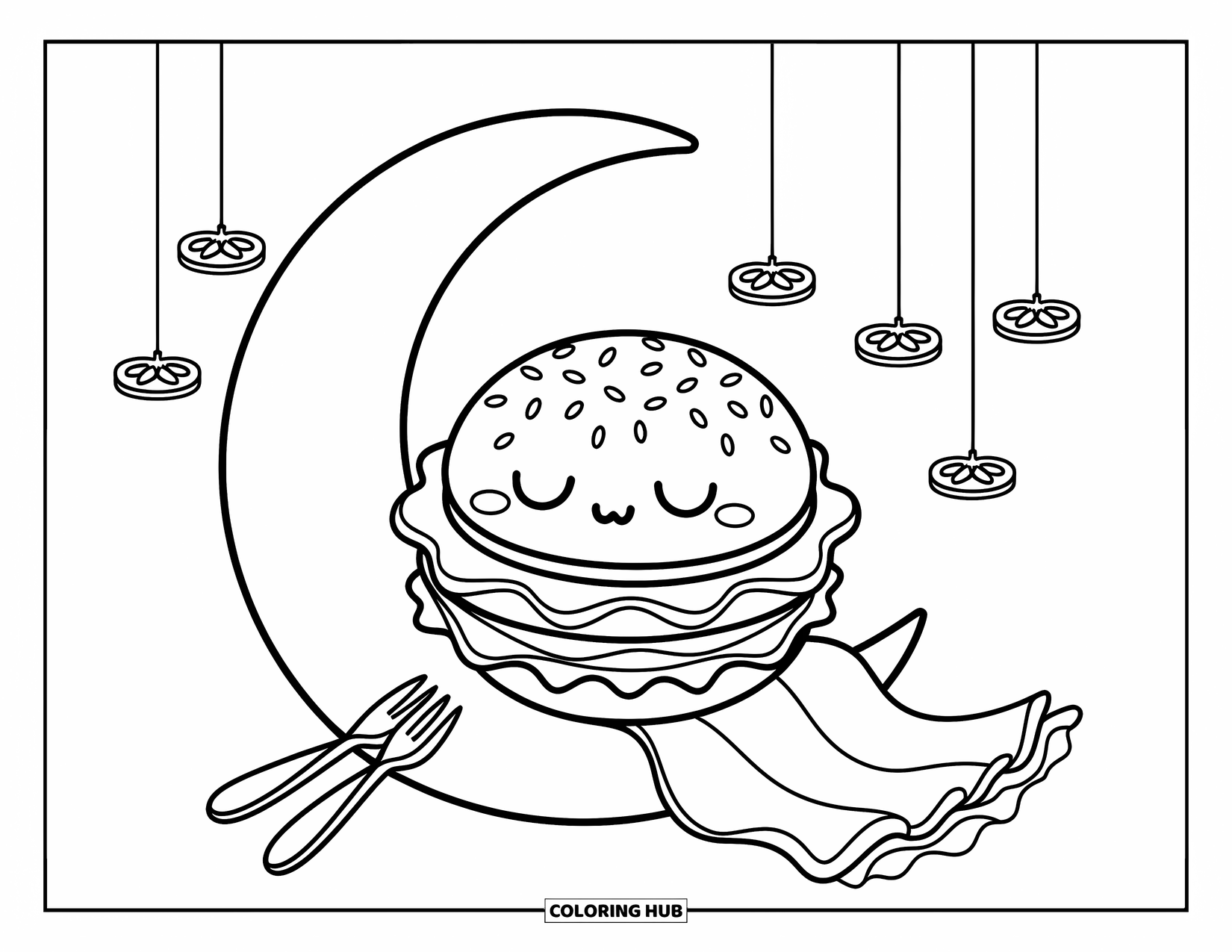 Hamburger Coloring Page for Adults: Hamburger sleeps on a moon-shaped plate with sesame pillows and lettuce blankets