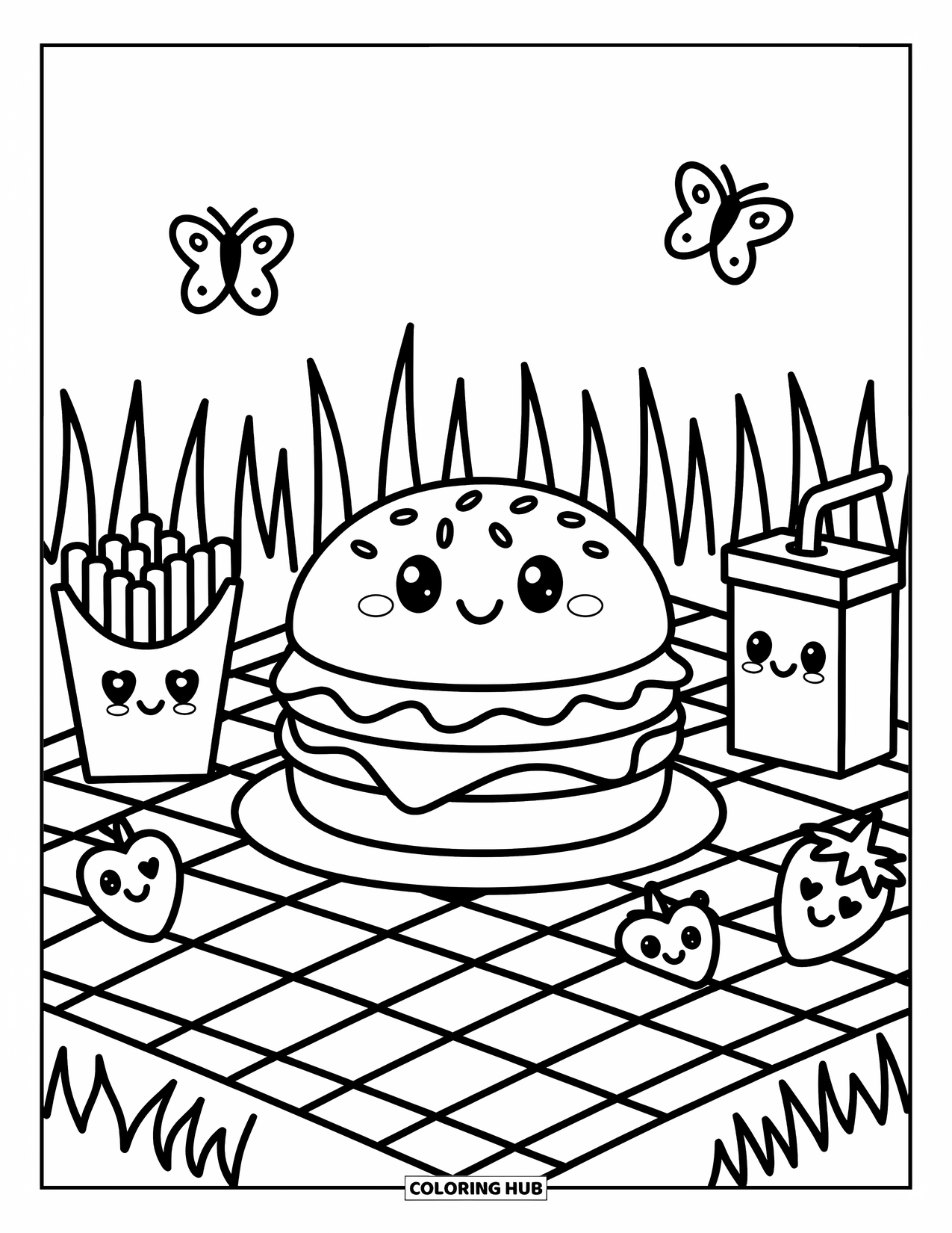 Hamburger Coloring Page for Adults: Happy burger enjoys a picnic with heart-eyed fries, strawberries, and butterflies