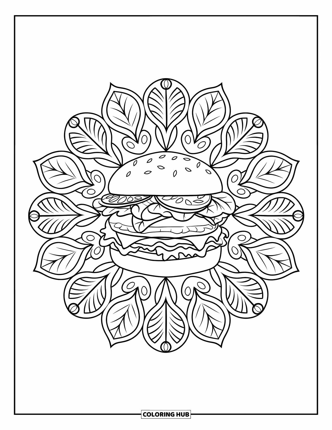 Hamburger Coloring Page for Adults: Layered burger sits in a lettuce and tomato mandala design